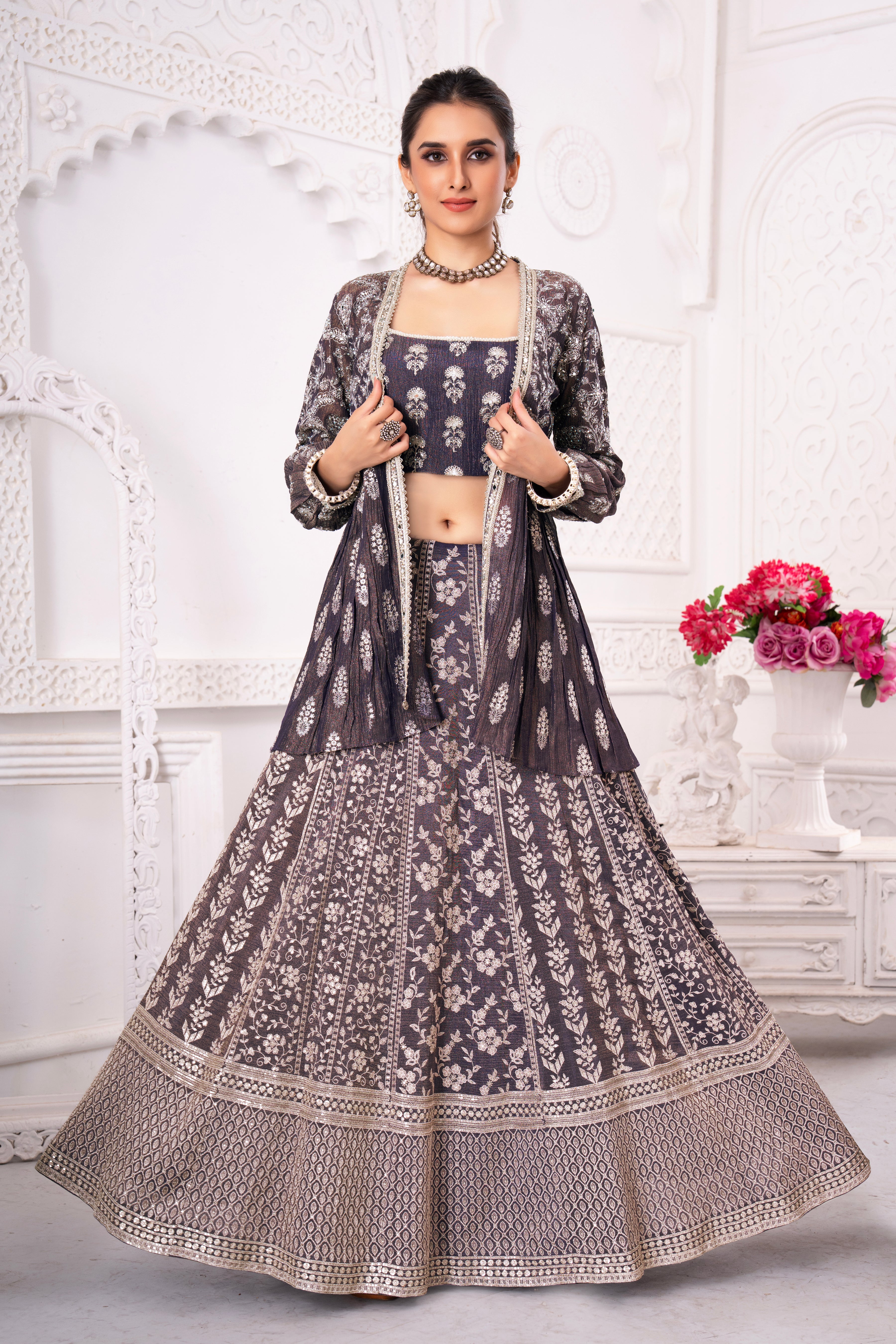 Shimmer Purple Floral Handwork Cape Lehenga Set