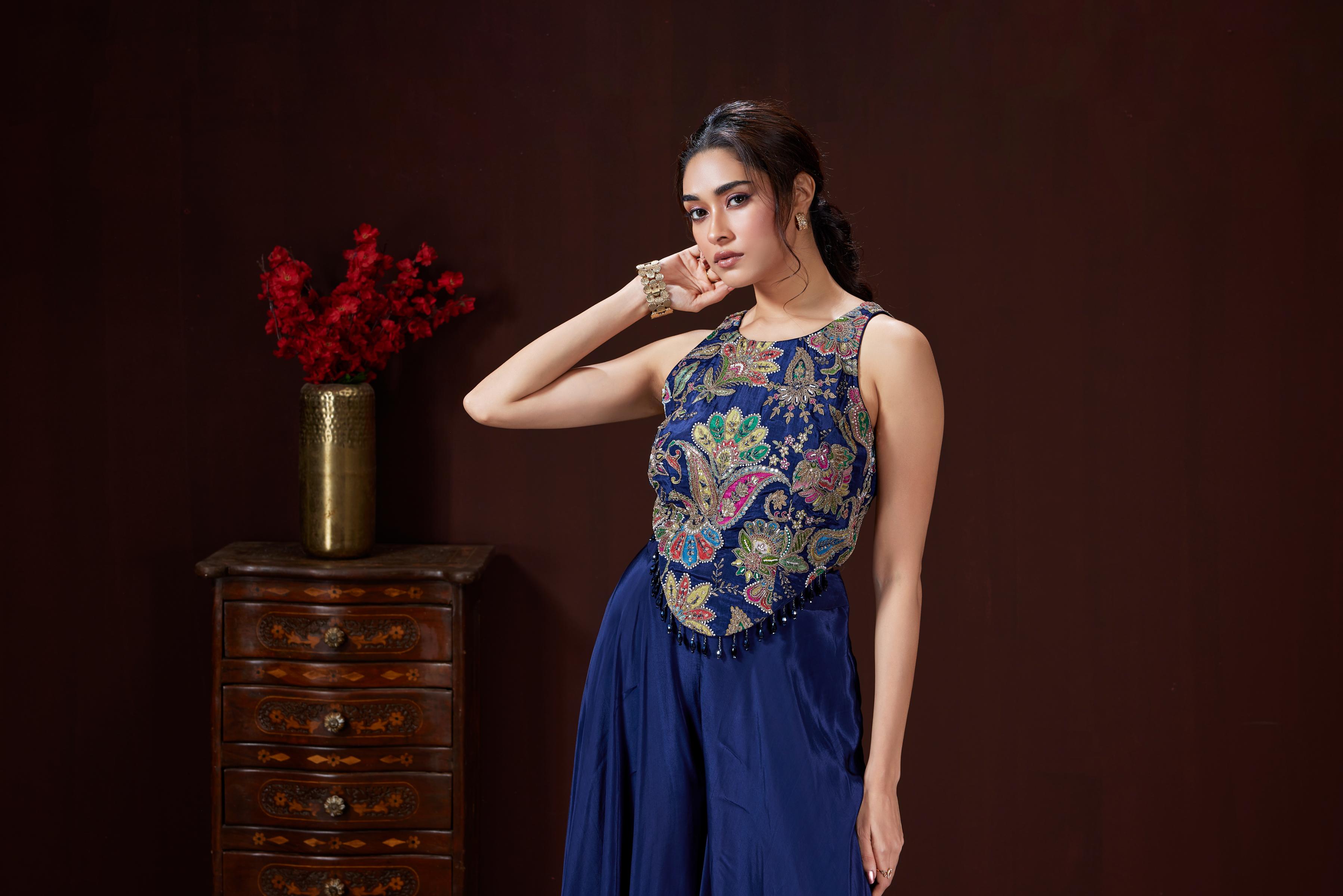 Sapphire Blue Embellished Satin Silk Palazzo Set