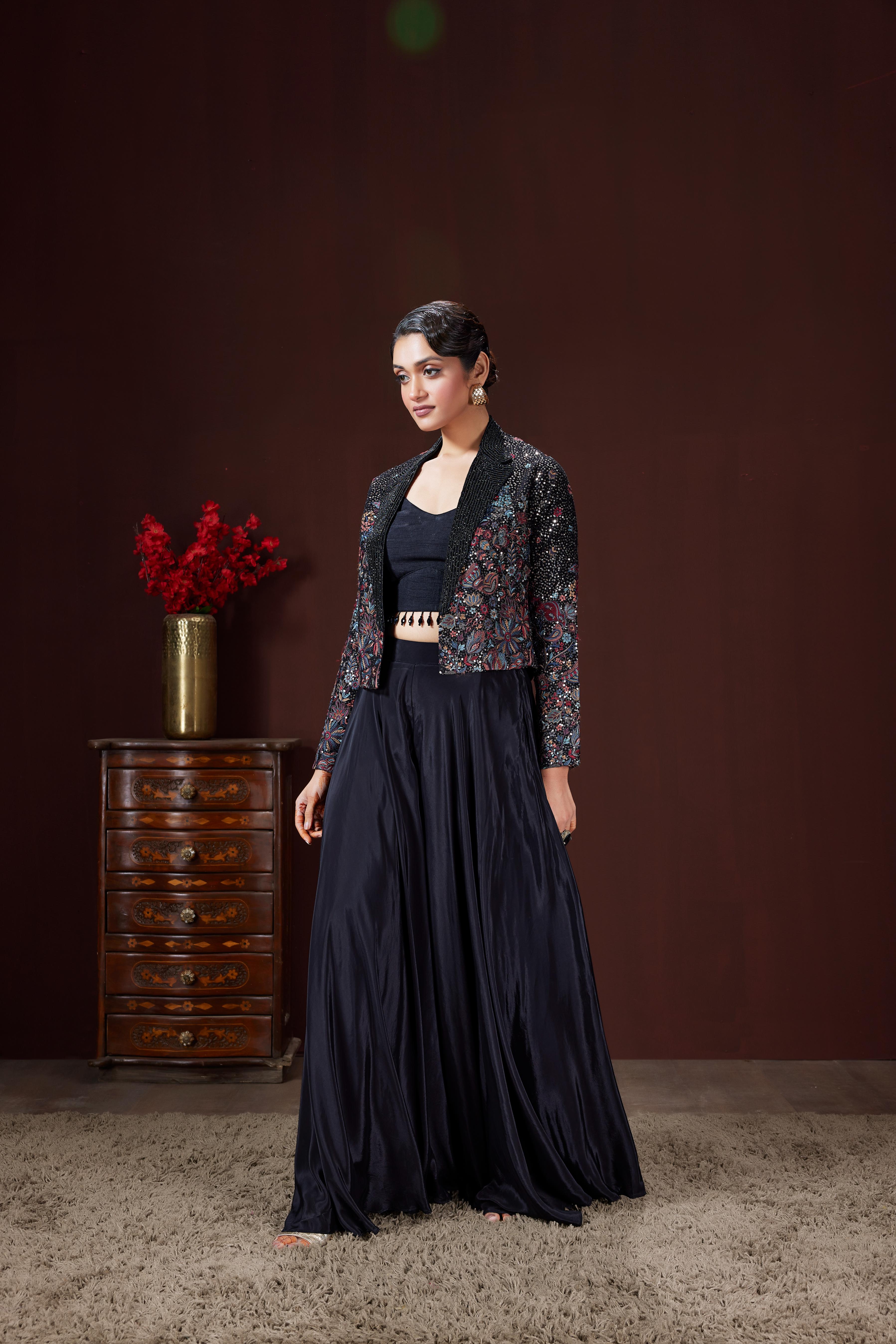 Coal Black Embellished Satin Silk Jacket Set