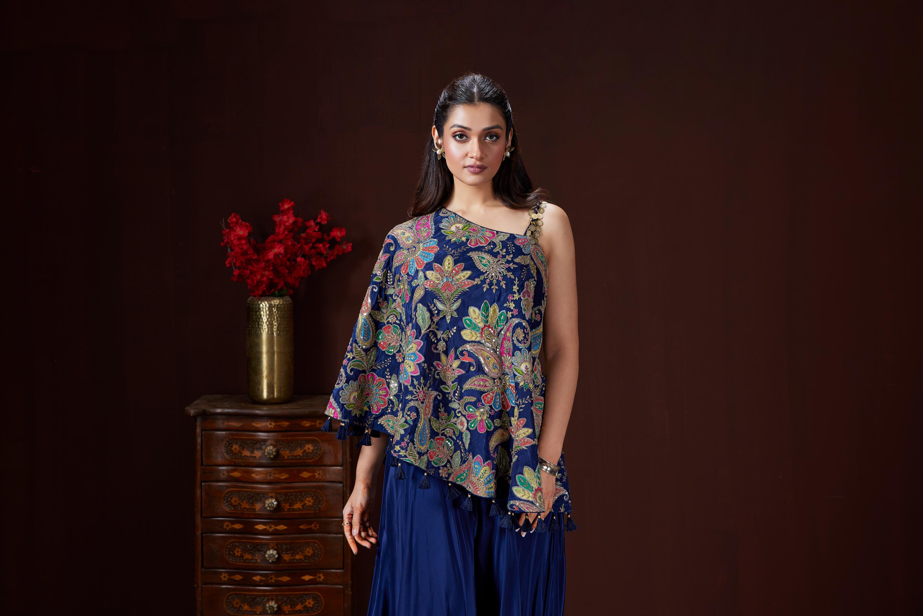 Midnight Blue Embellished Crepe Silk Palazzo Set