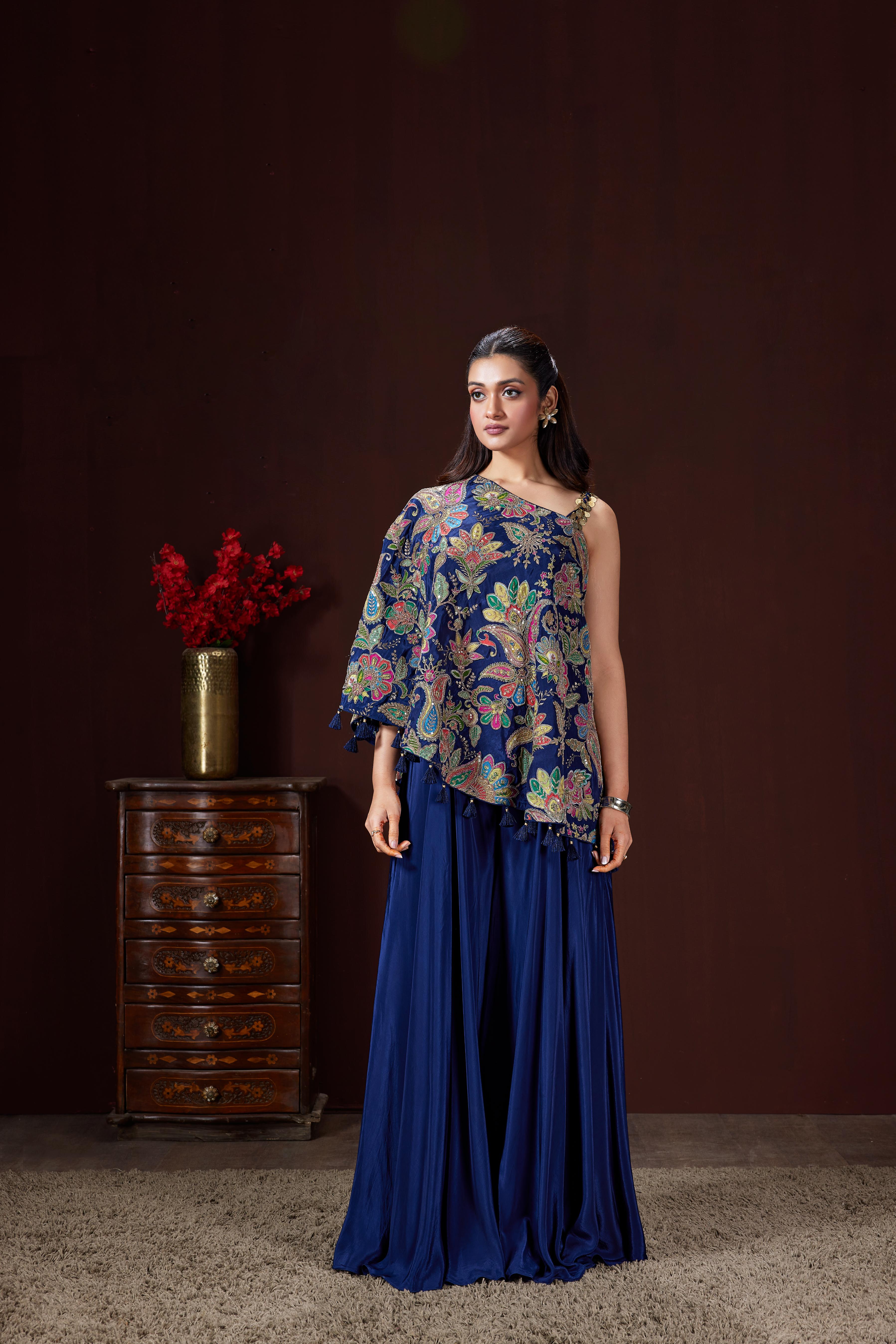 Midnight Blue Embellished Crepe Silk Palazzo Set
