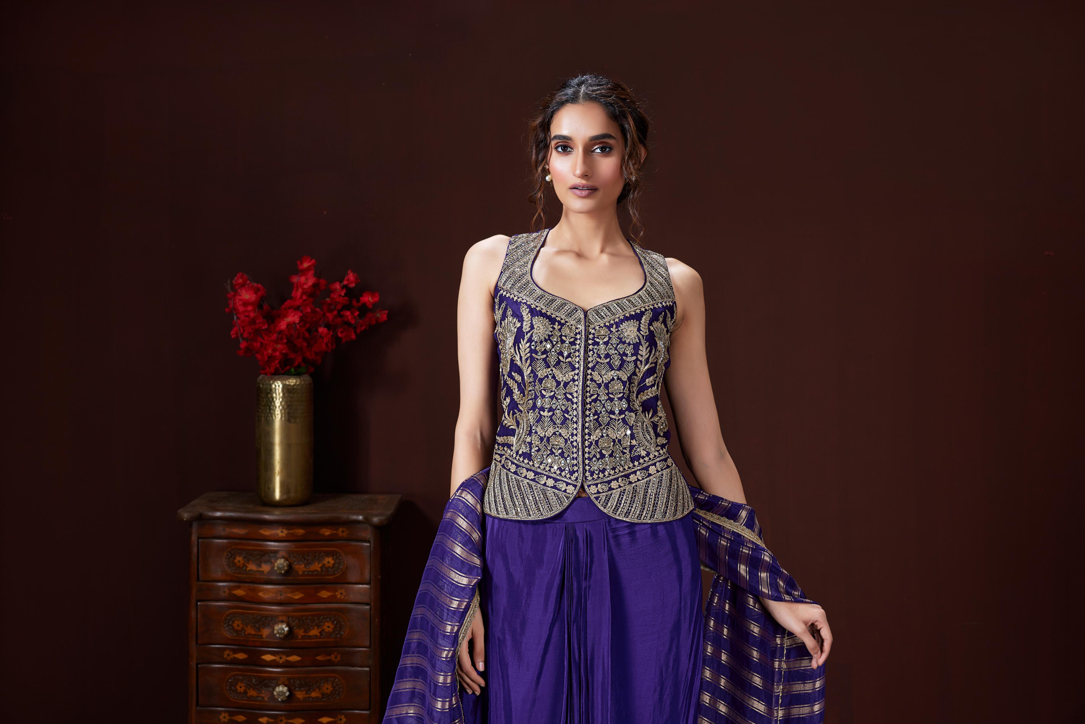 Vibrant Purple Embellished Crepe Silk Skirt Set