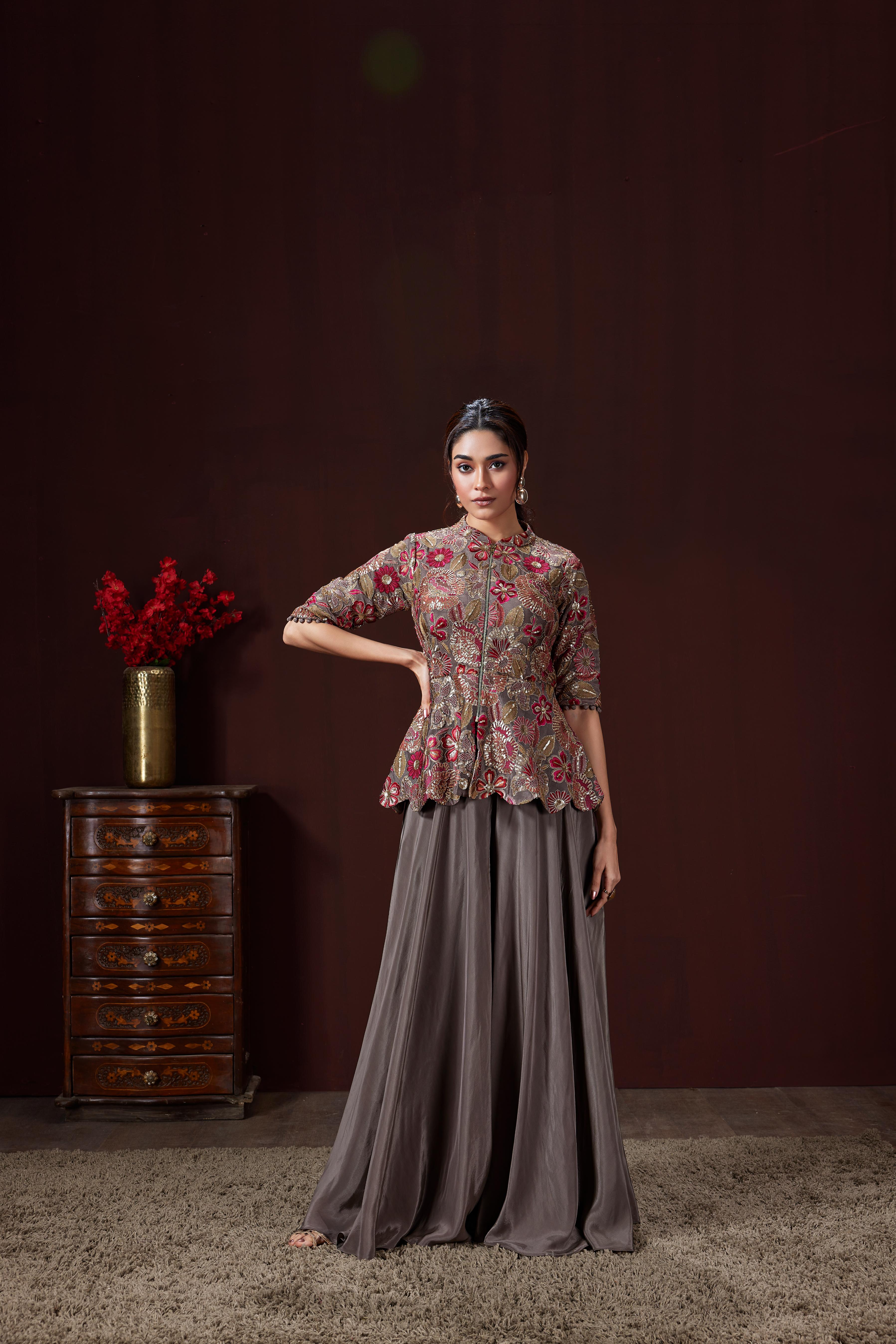 Dusty Brown Embellished Crepe Silk Palazzo Set