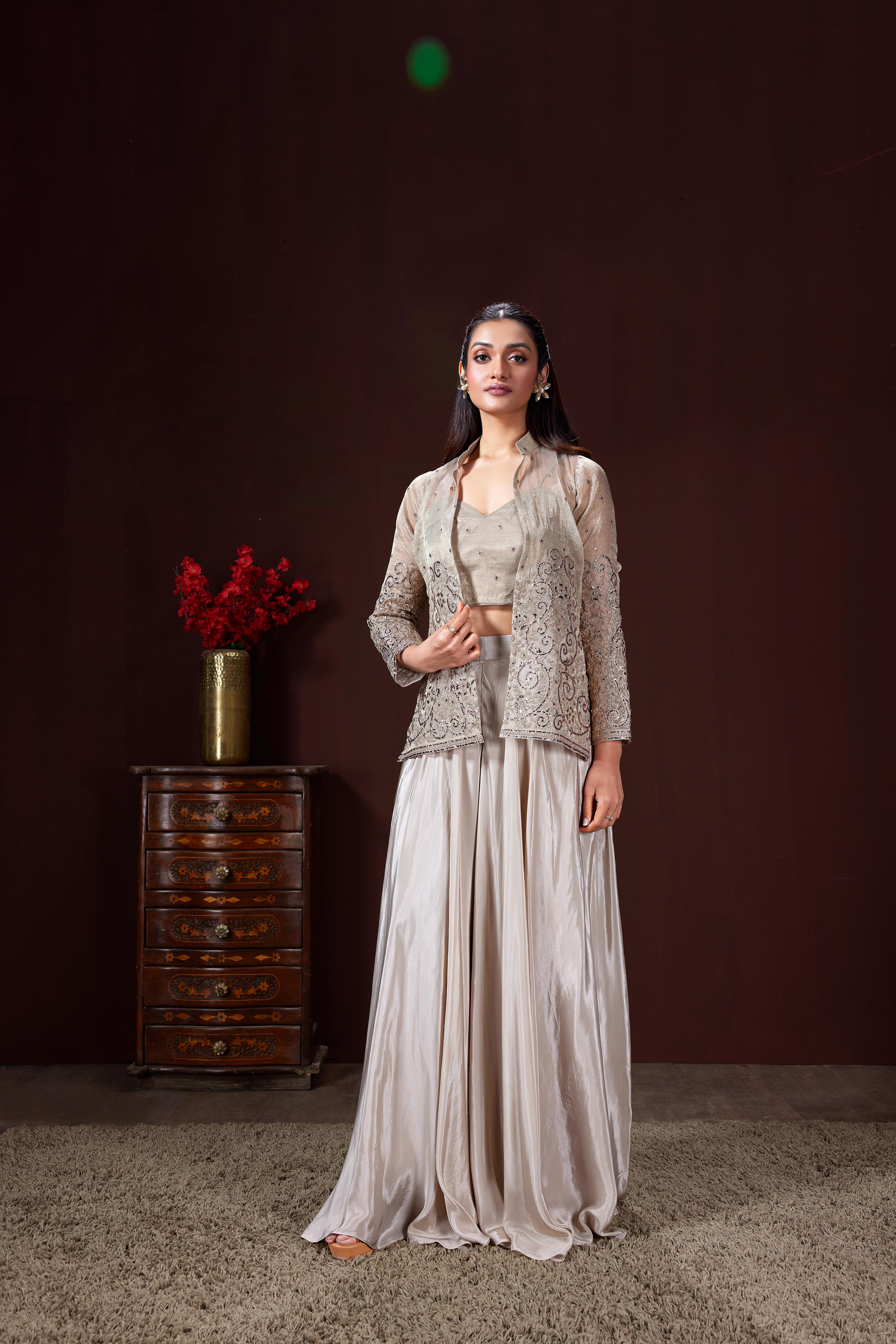 Ivory Silver Embellished Satin Silk Jacket Set