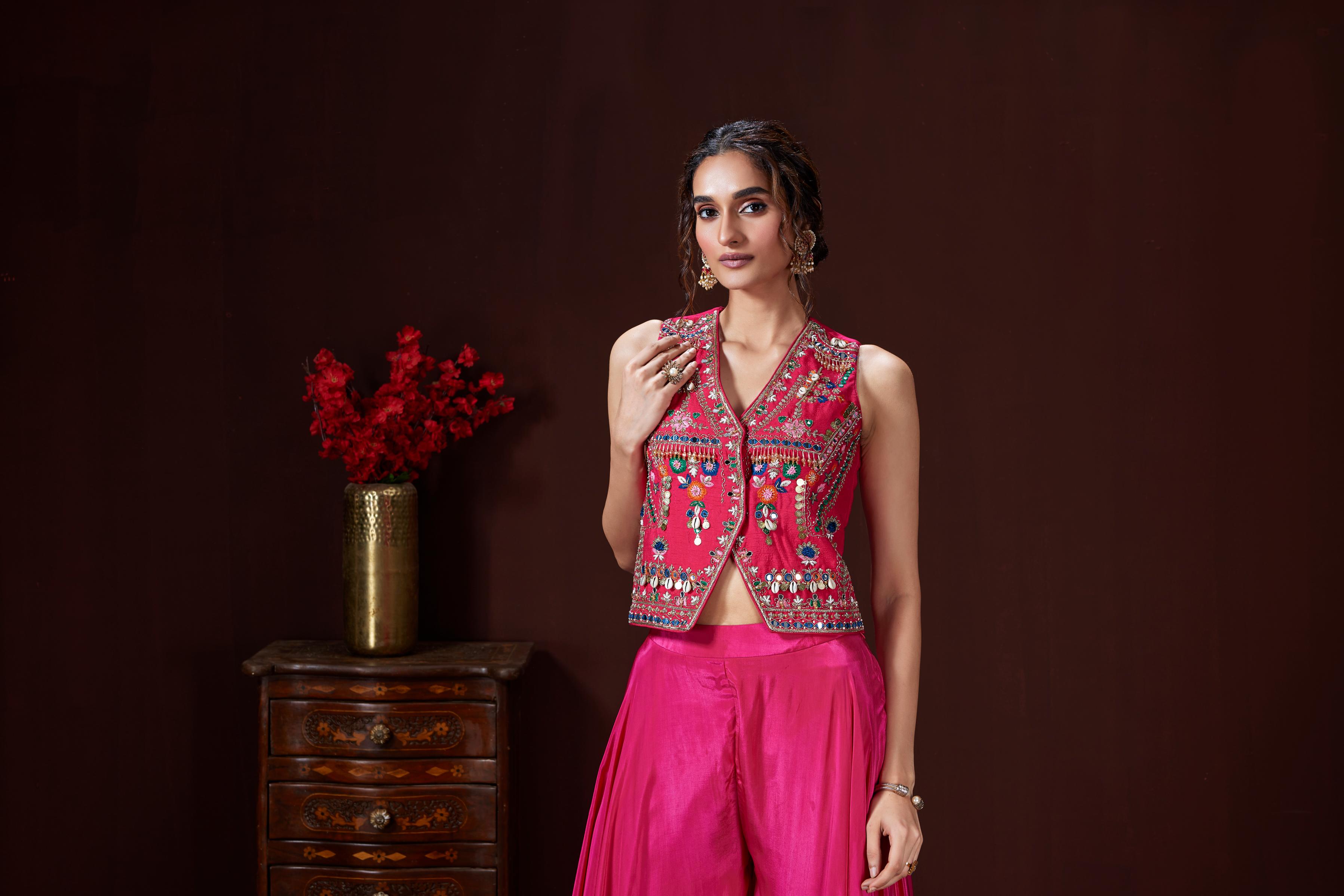 Dark Pink Embellished Crepe Silk Co-Ord Set
