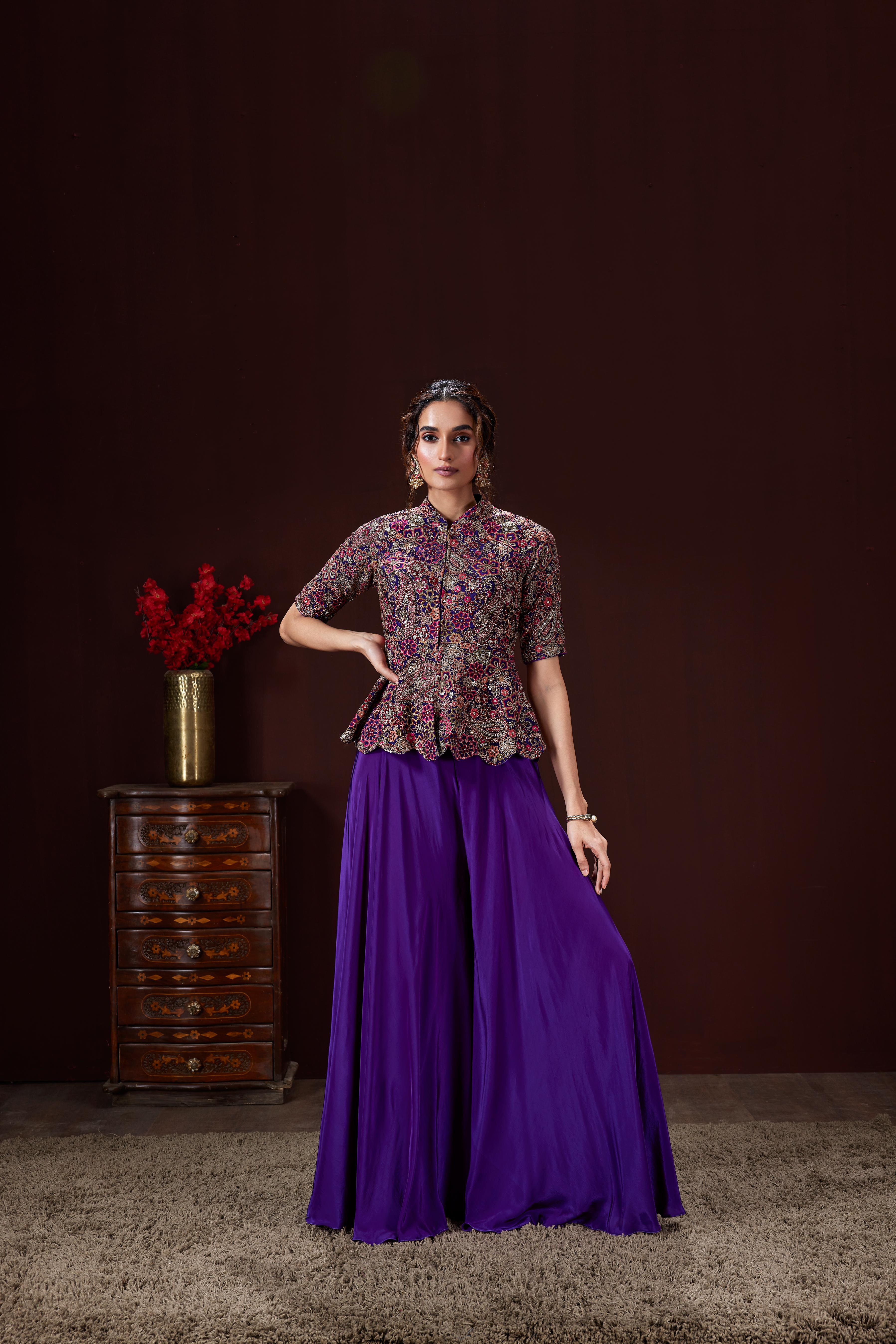 Royal Purple Embellished Crepe Silk Palazzo Set