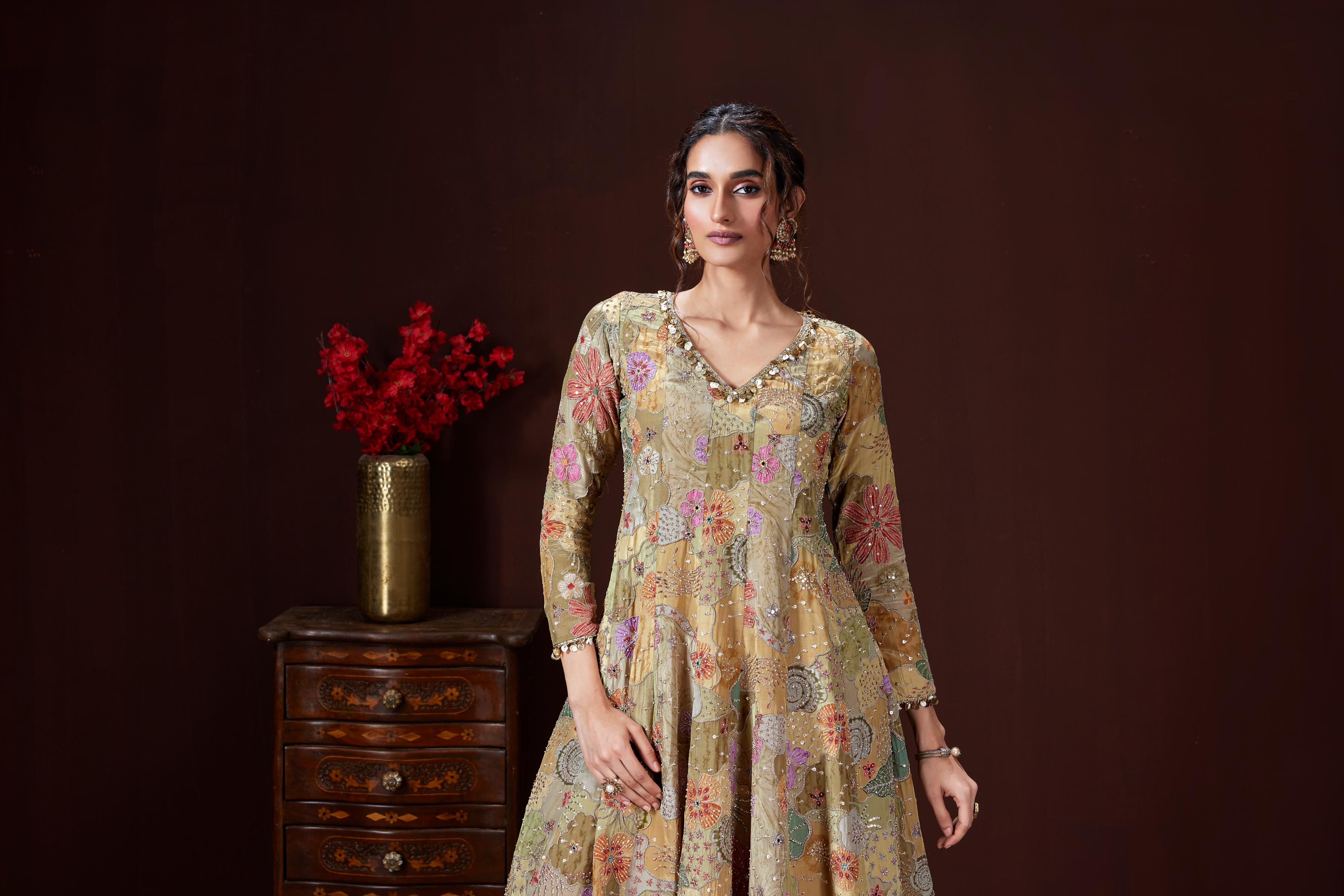 Sage Green Embellished Crepe Silk Sharara Set