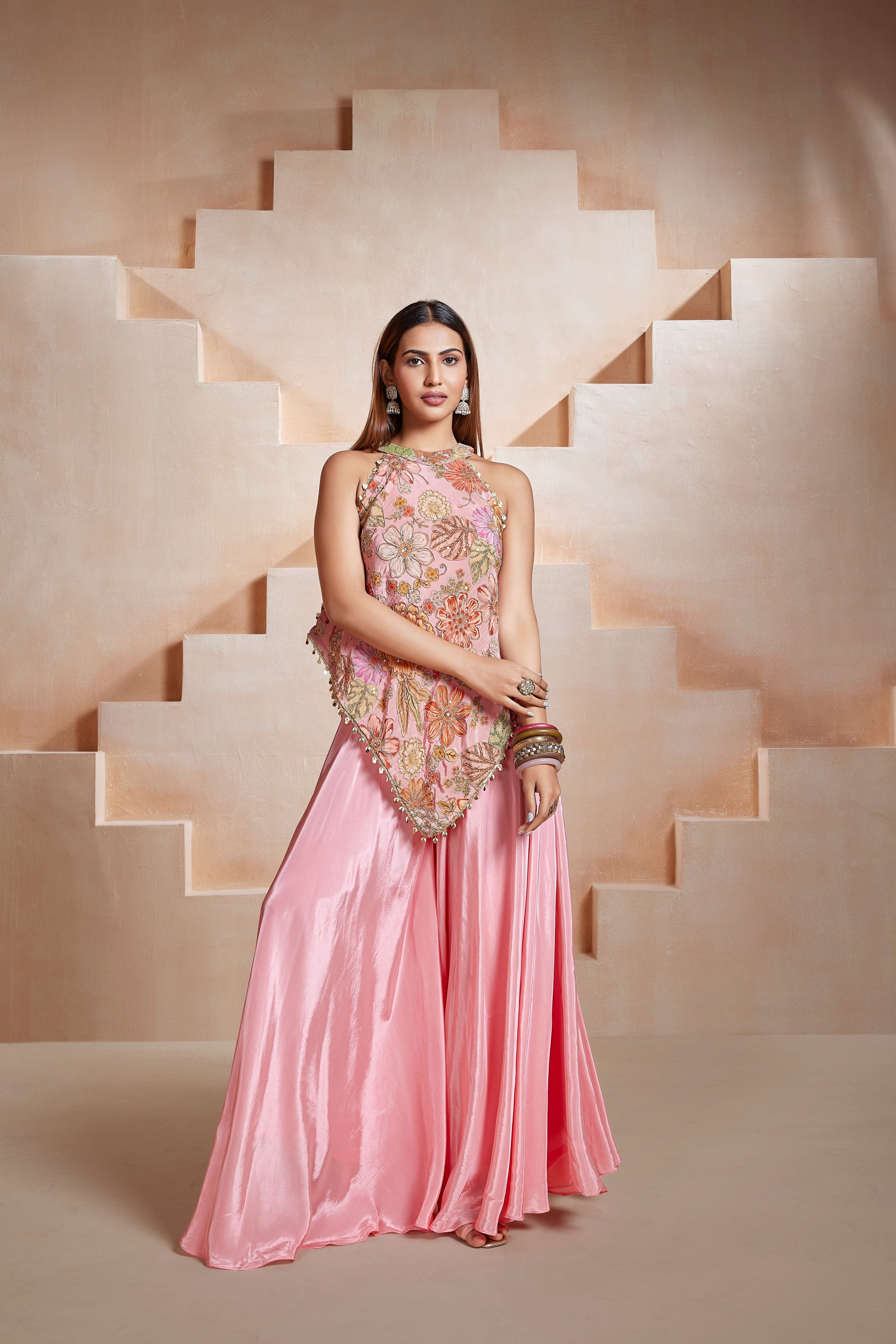 Rose Blossom Embellished Crepe Silk Palazzo Set