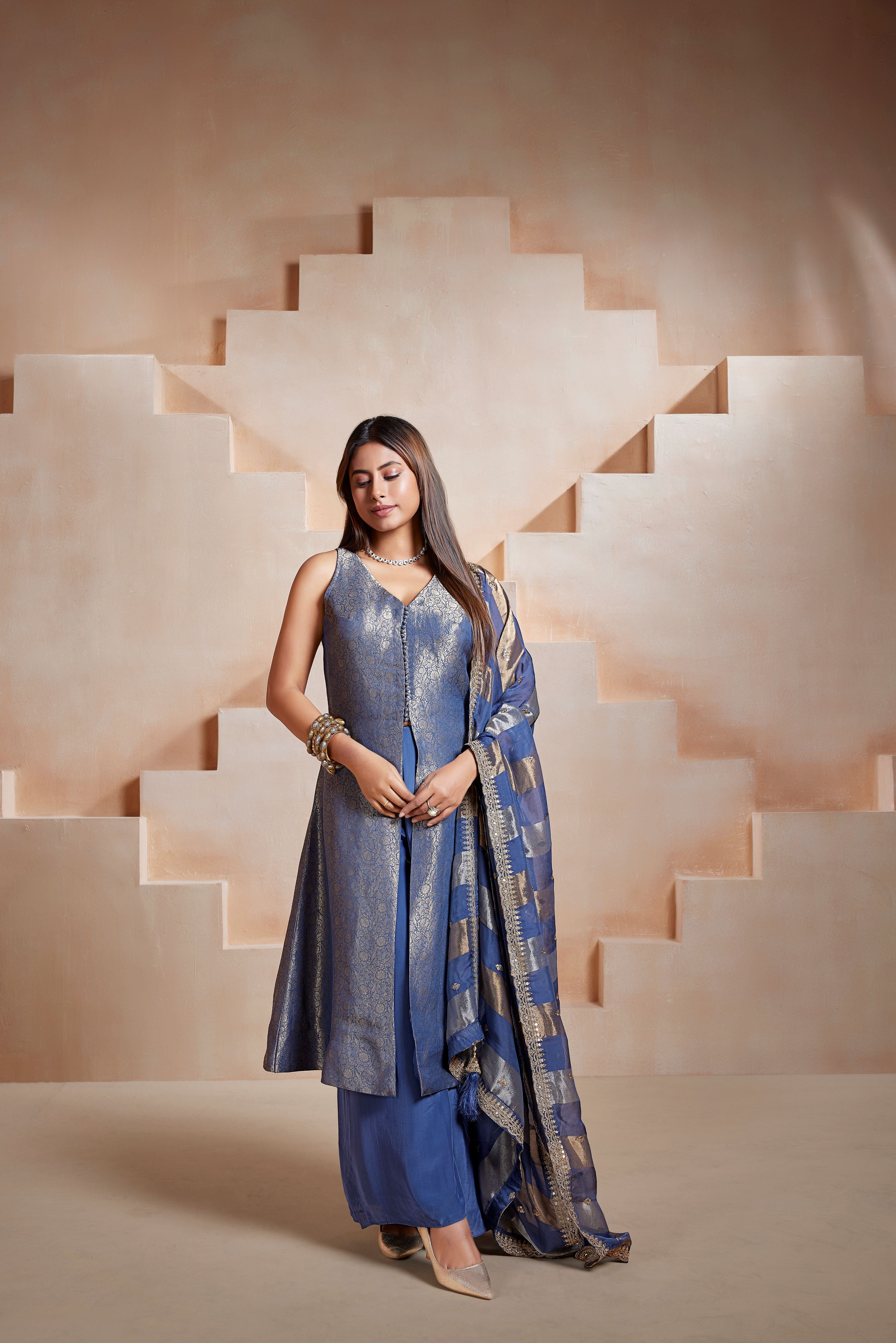 Royal Indigo Embellished Banarasi Silk Palazzo Set