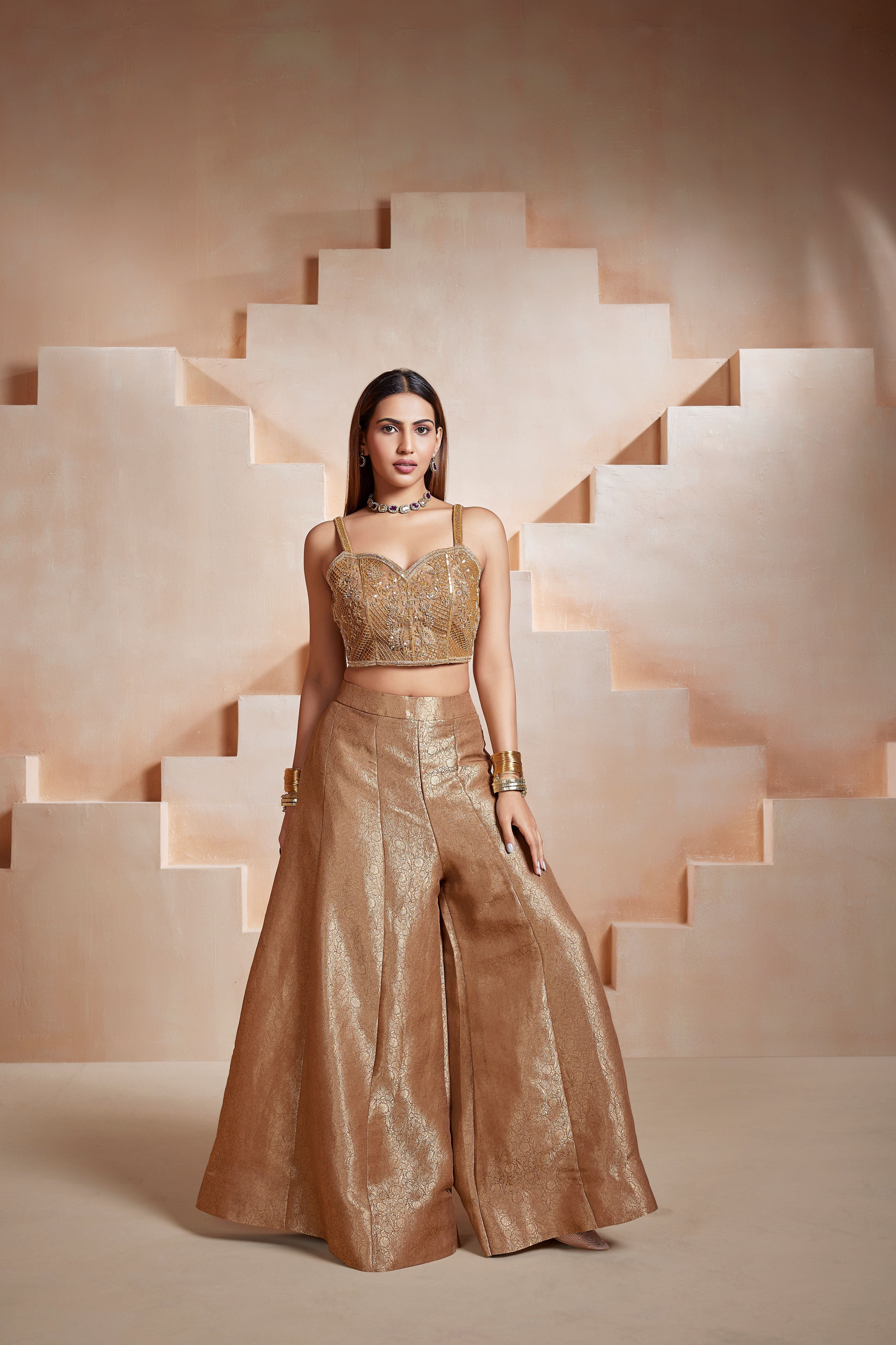 Bronze Glam Embellished Banarasi Silk Palazzo Set