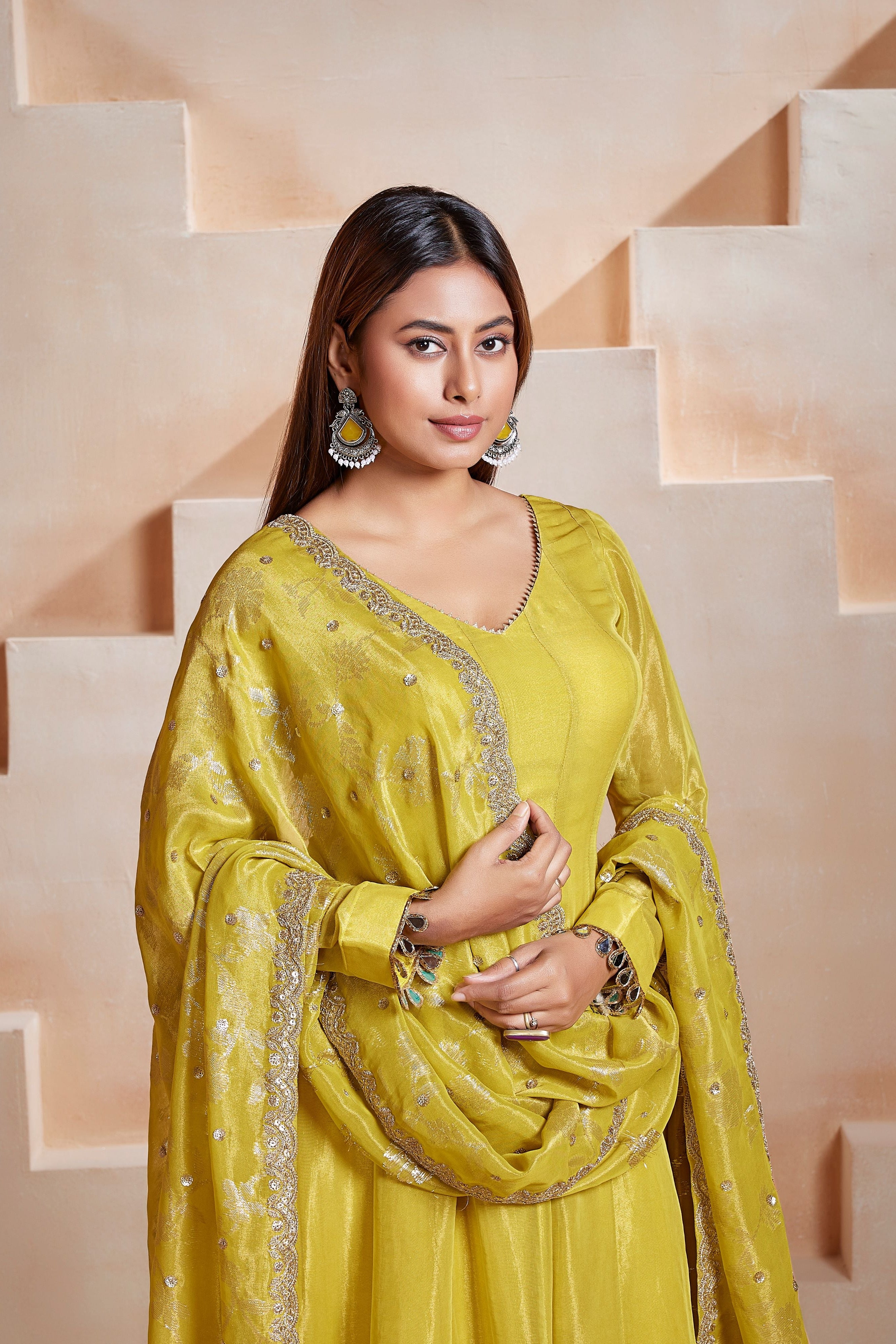 Lime Zest Embellished Tissue Silk Anarkali Set