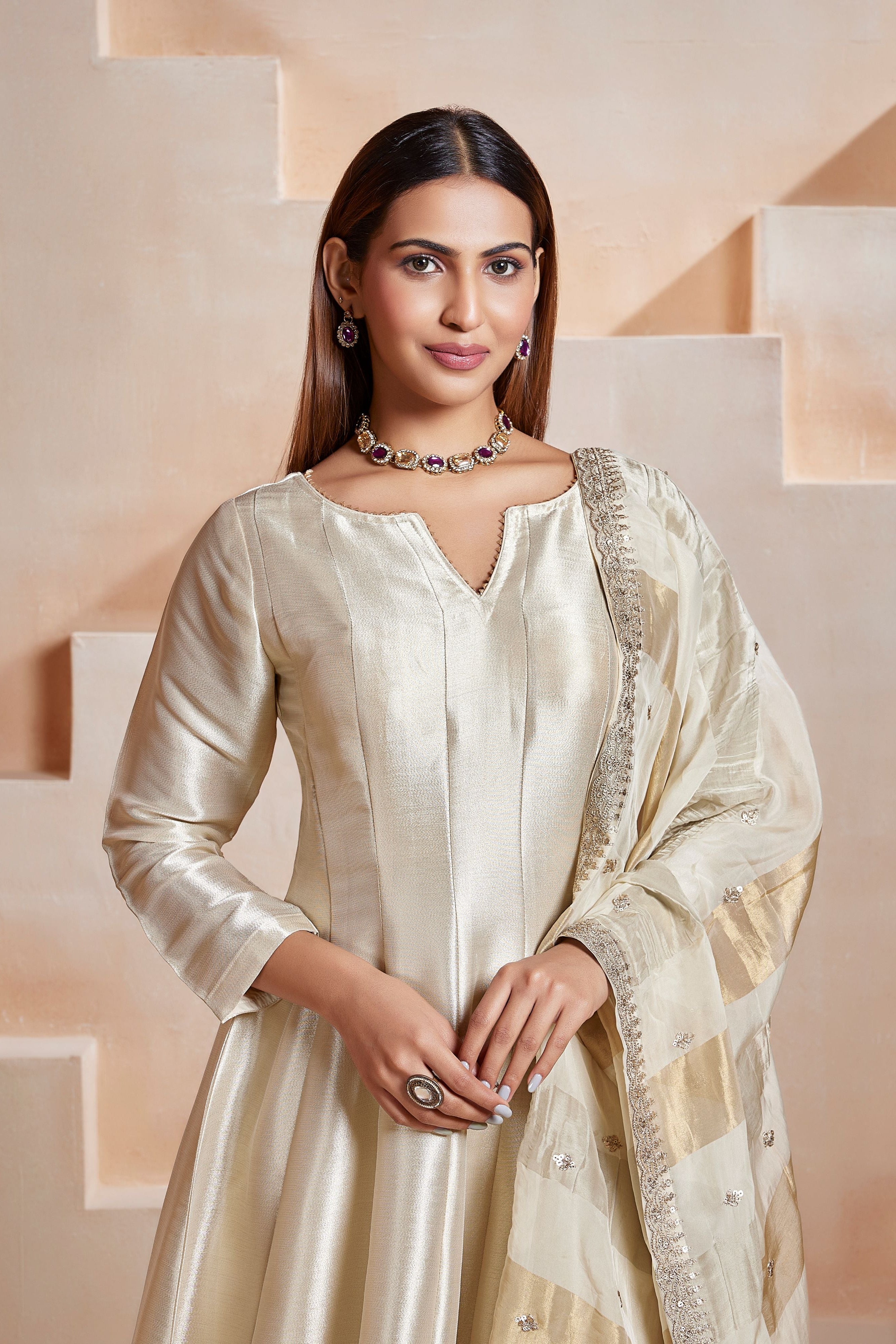 Ivory Glow Embellished Tissue Silk Anarkali Set