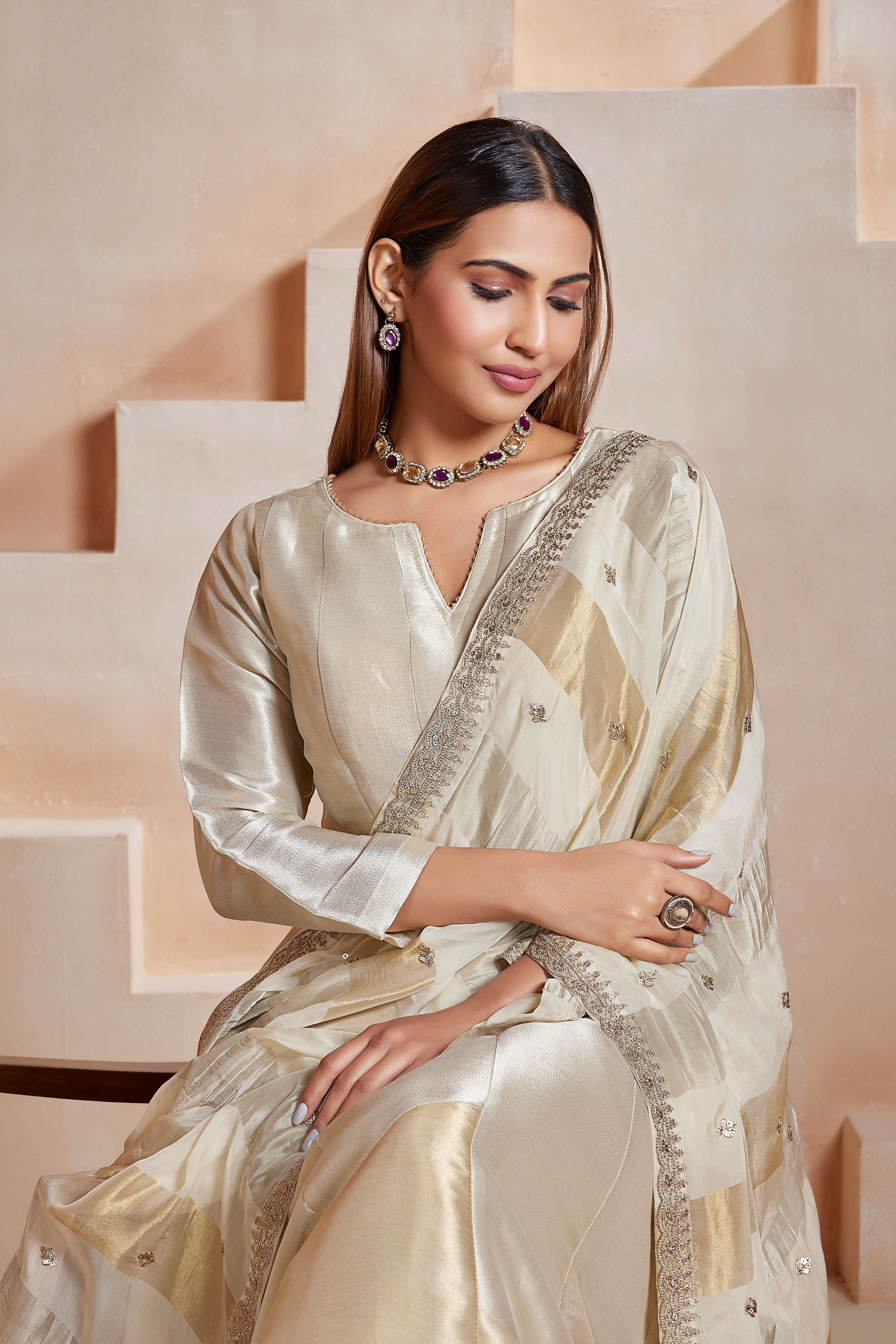 Ivory Glow Embellished Tissue Silk Anarkali Set