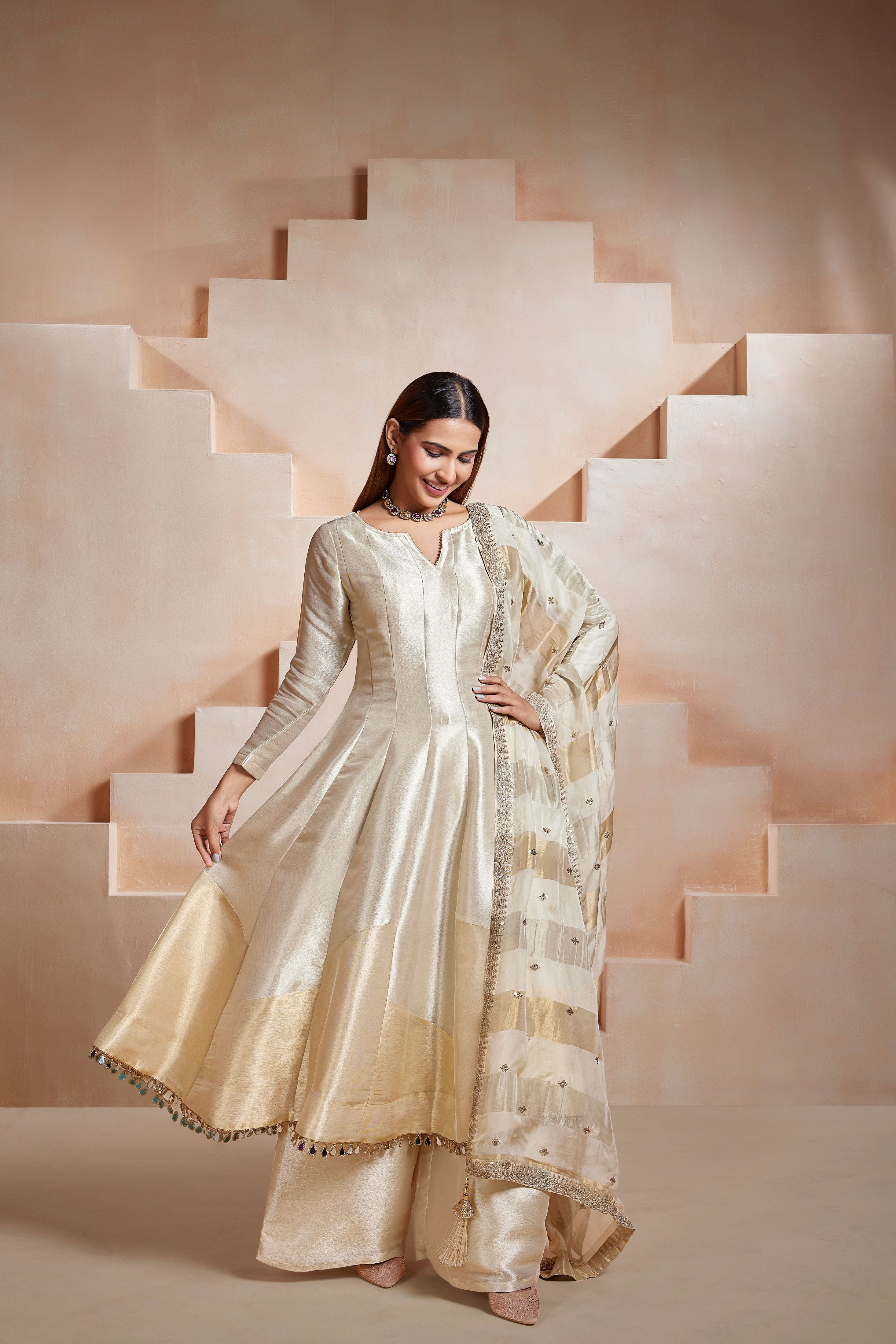 Ivory Glow Embellished Tissue Silk Anarkali Set