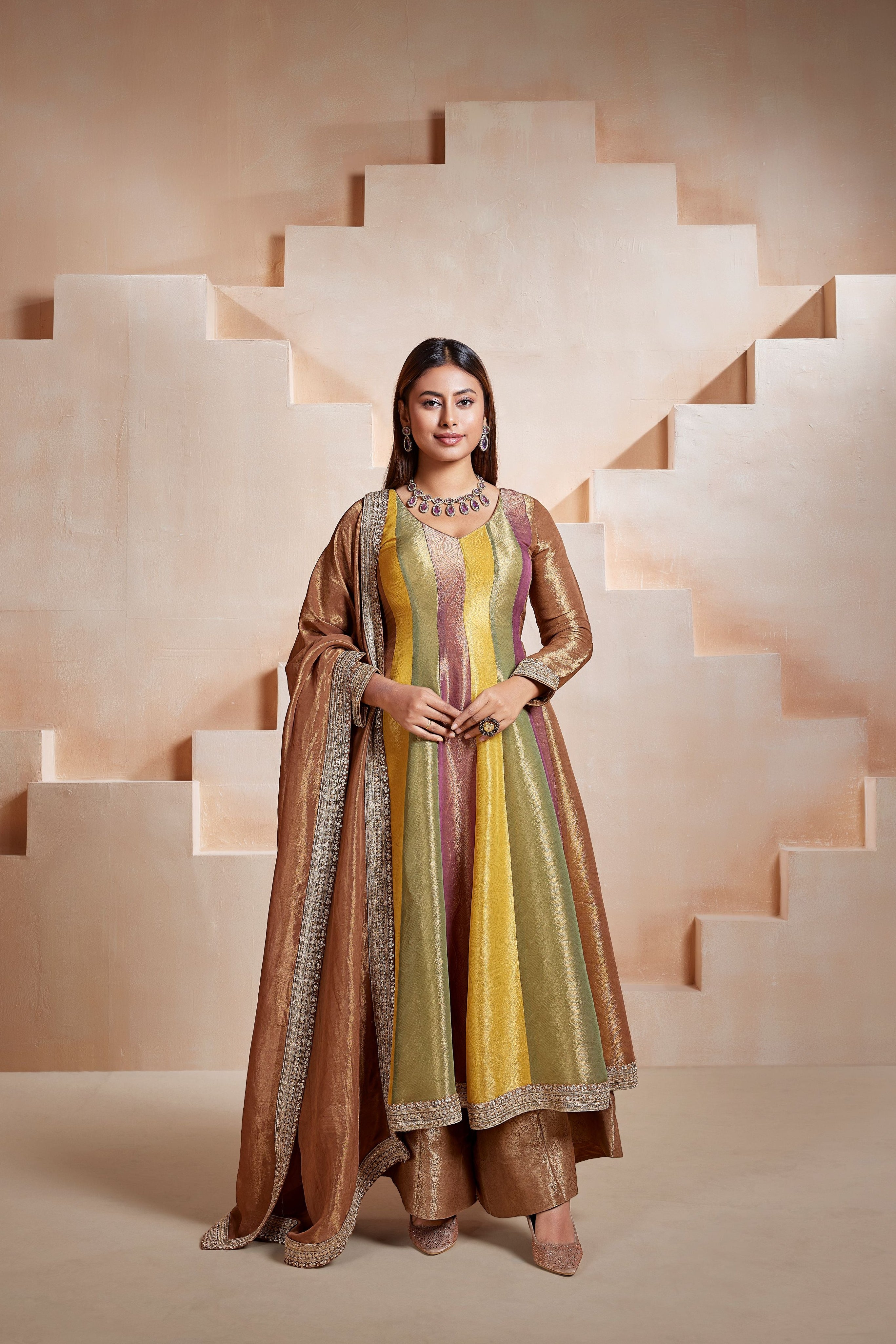 Multi-Chrome Embellished Tissue Silk Anarkali Set