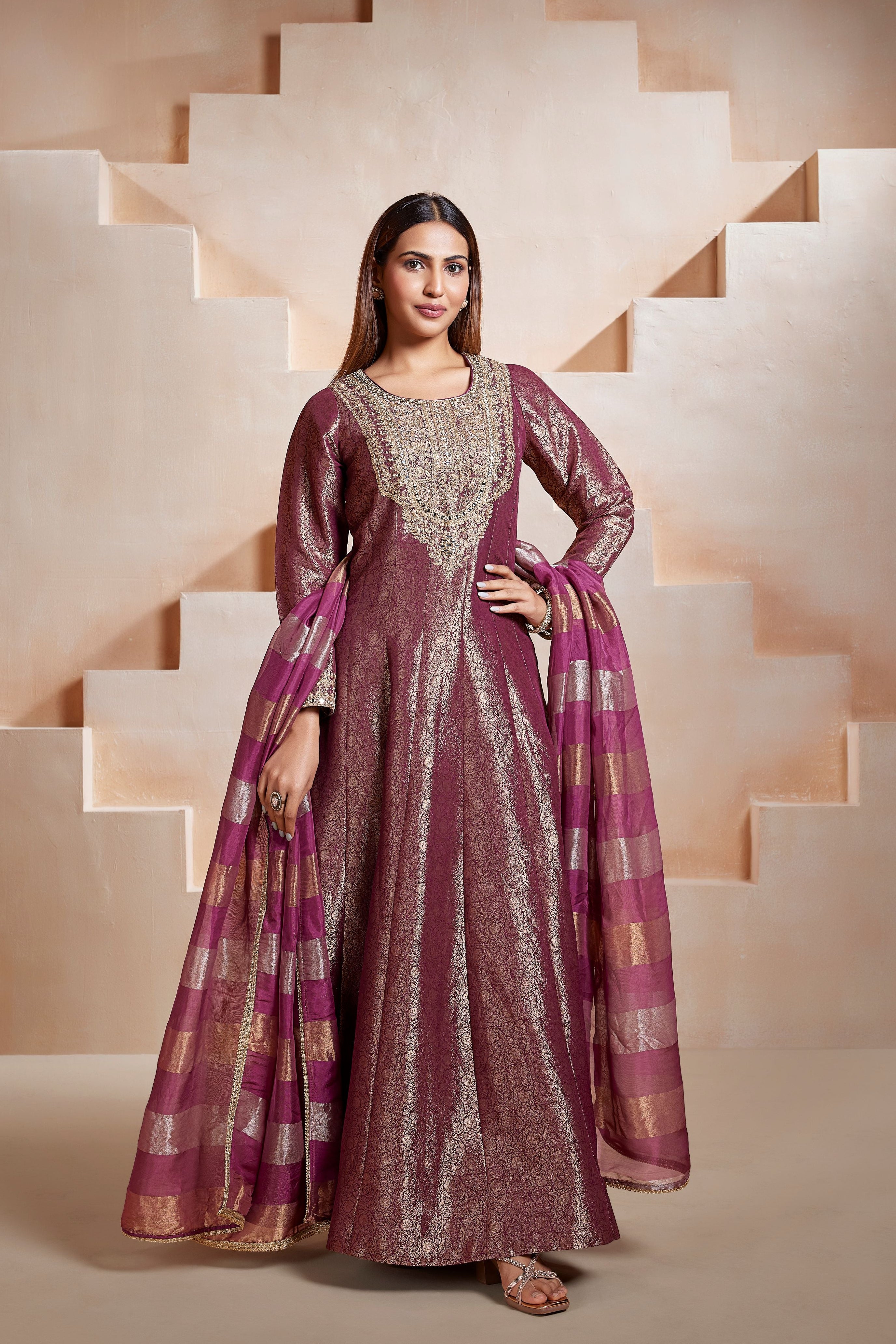 Plum Glam Embellished Brocade Silk Anarkali Set