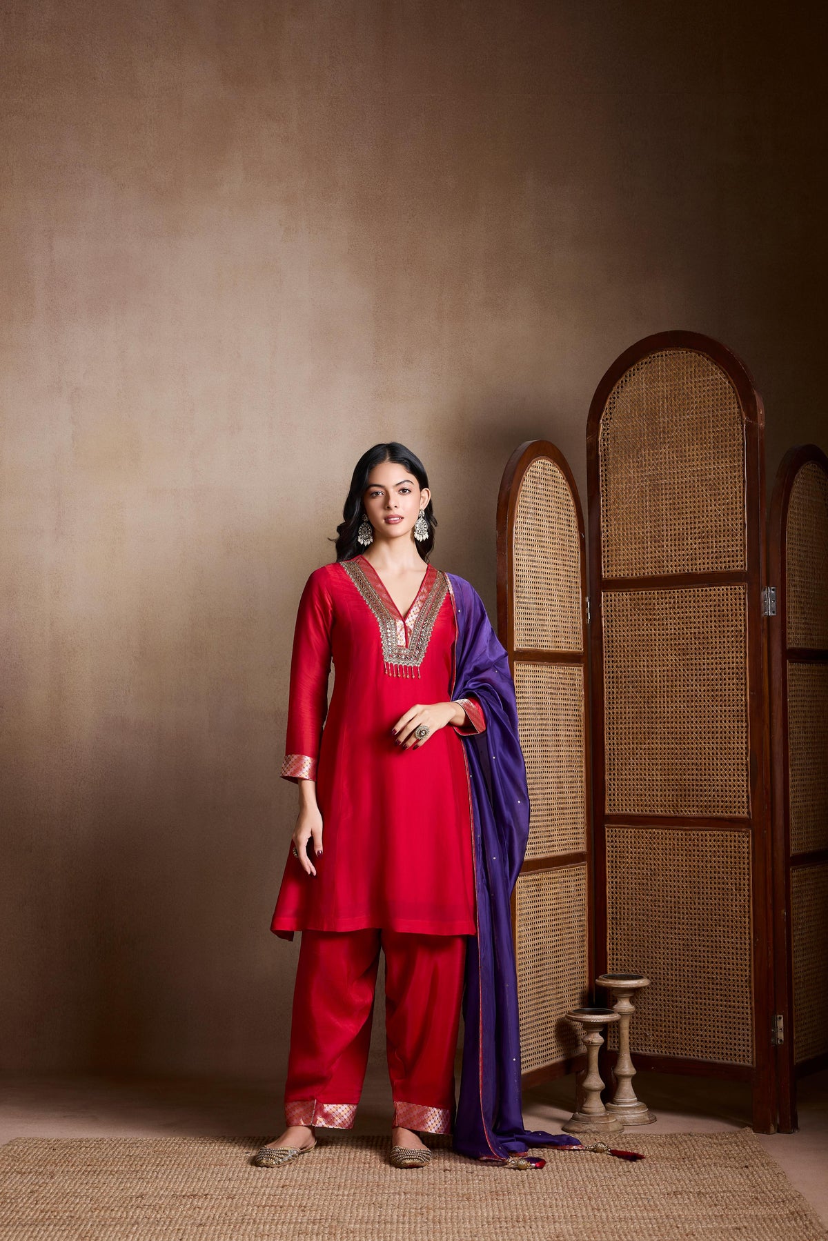 Crimson Red Embellished Raw Silk Salwar Set