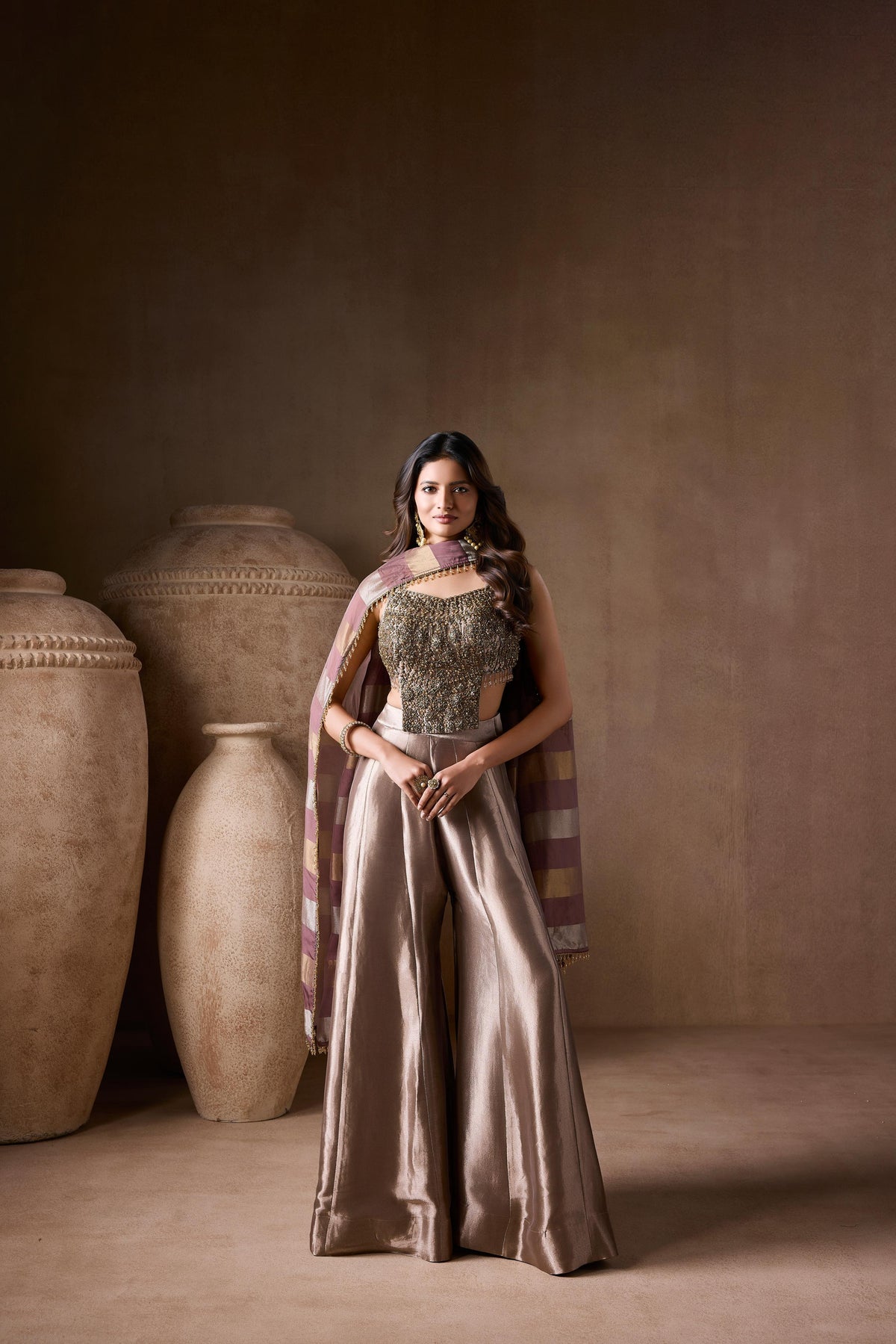 Metallic Taupe Embellished Premium Silk Palazzo Set