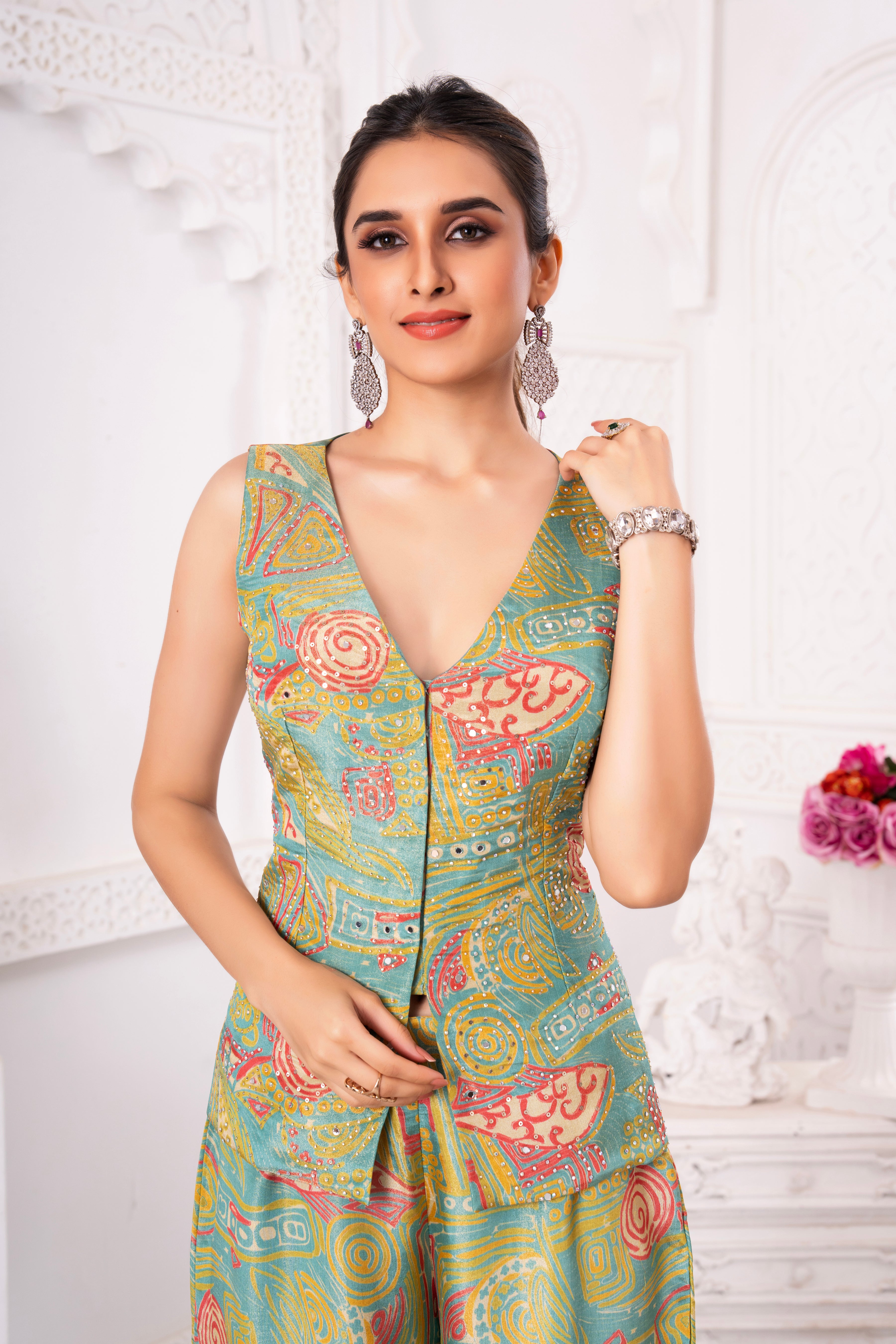 Floral Green Tissue Silk Sharara Set