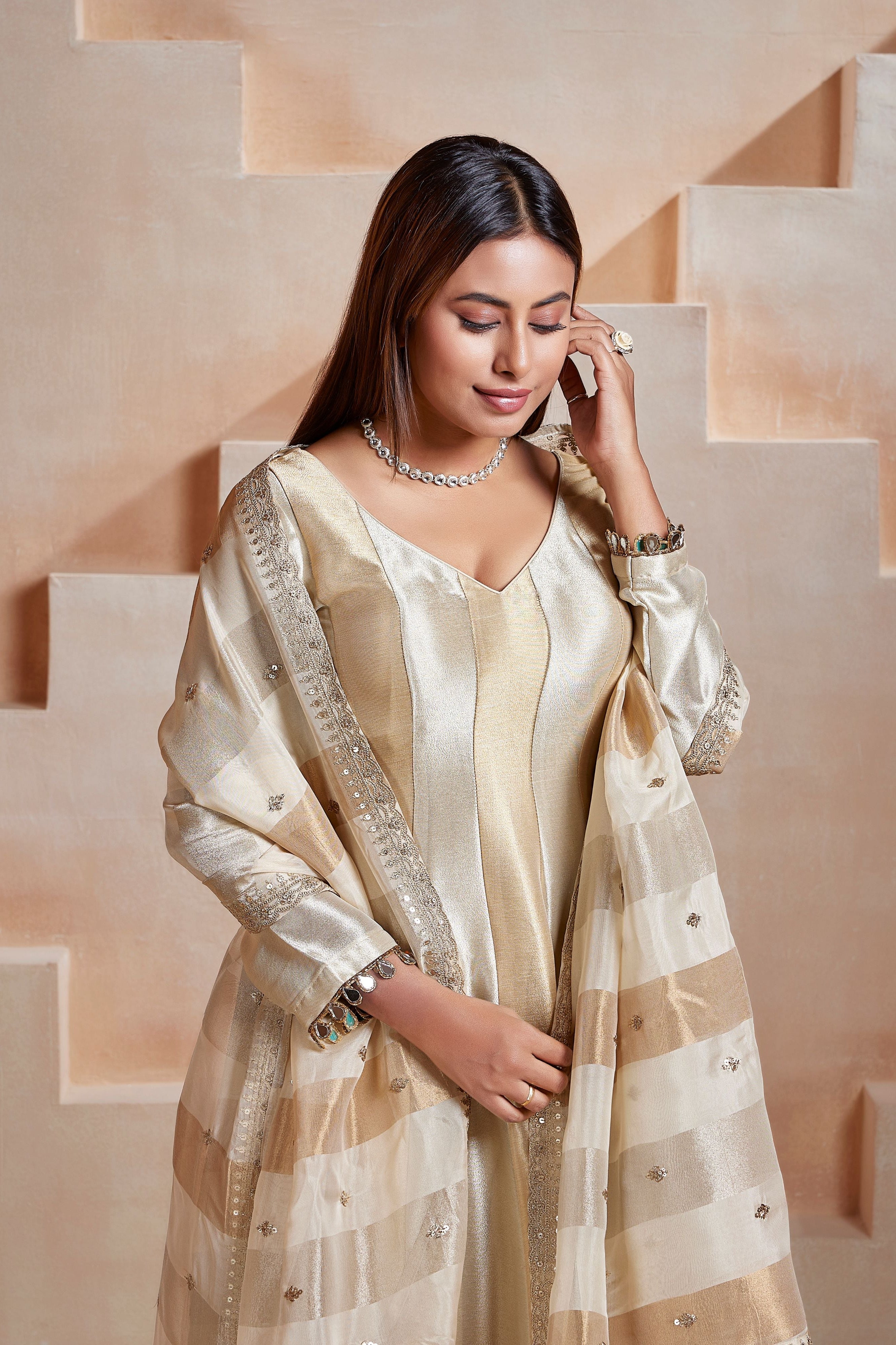 Champagne Metallic Embellished Tissue Silk Anarkali Set
