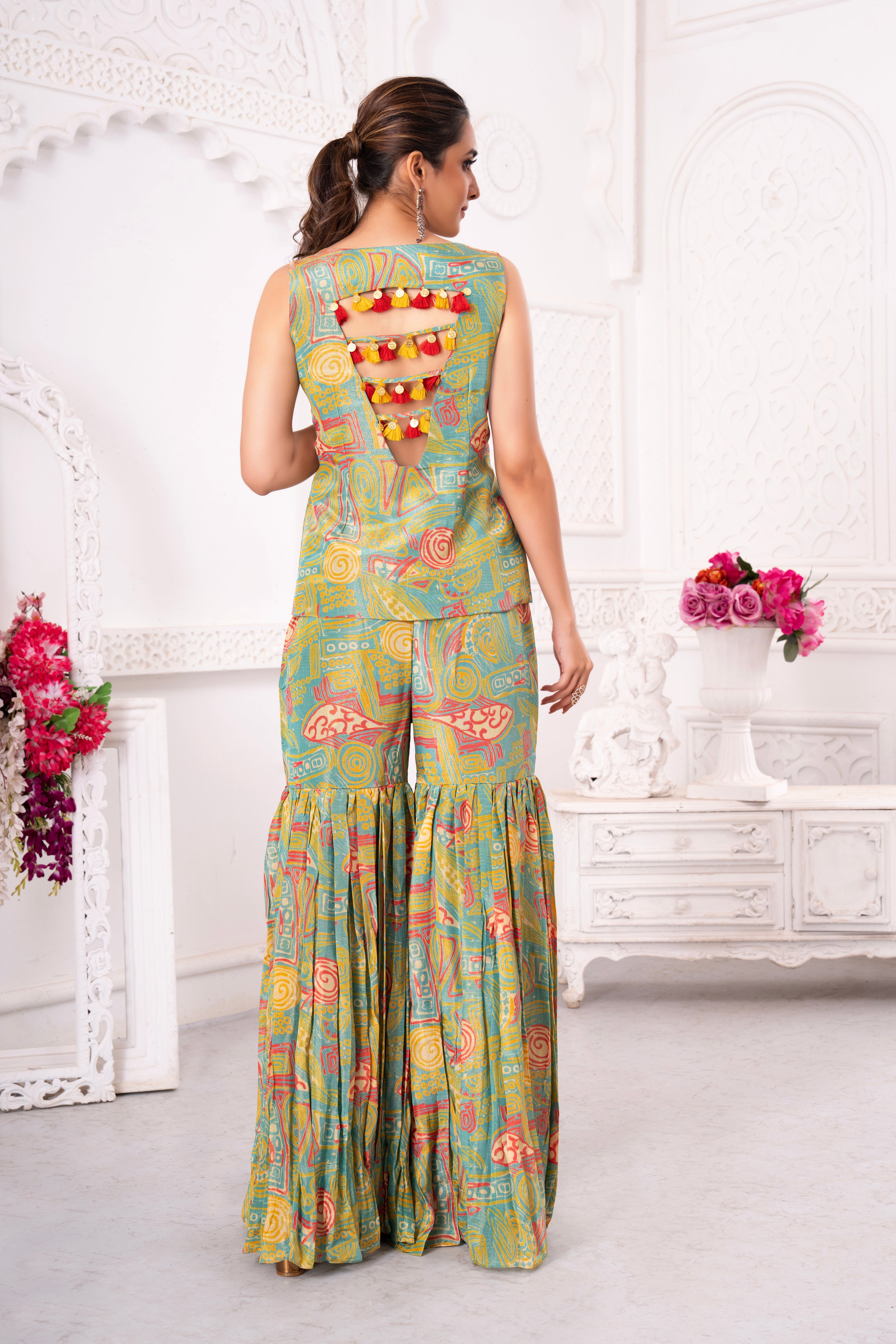 Floral Green Tissue Silk Sharara Set