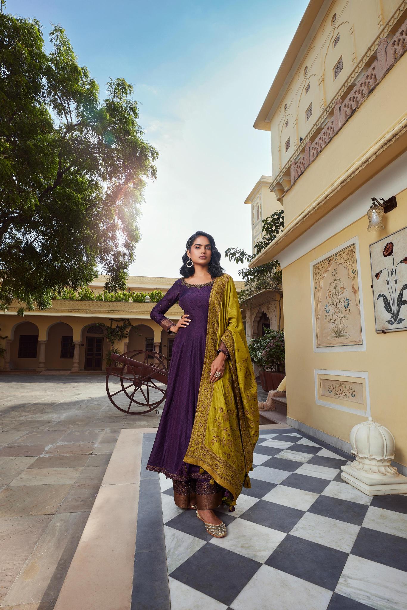 Mauve Embellished Premium Silk Anarkali Set
