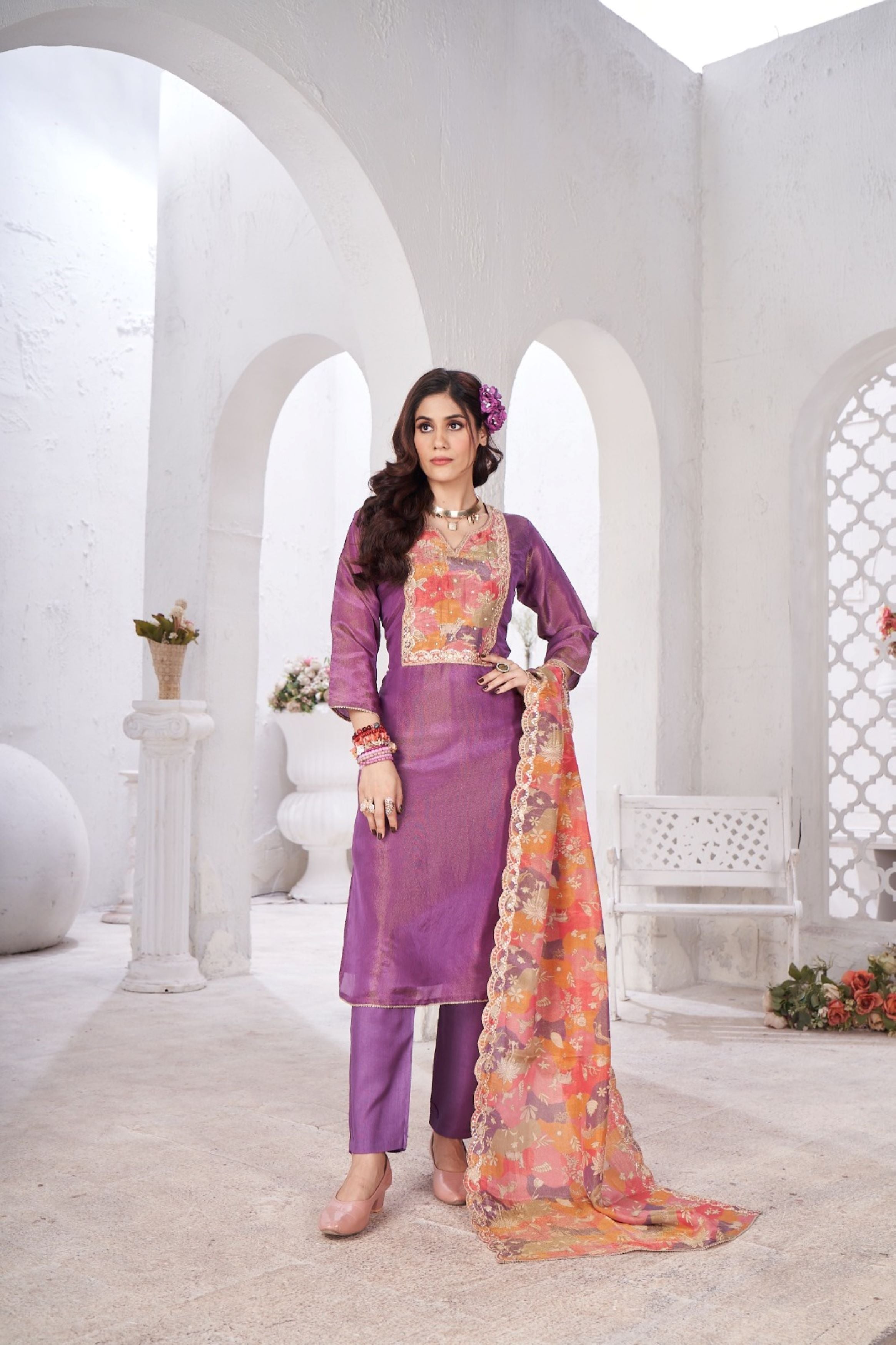 Pastel Purple Embellished Shimmer Tissue Silk Kurta Pant Set