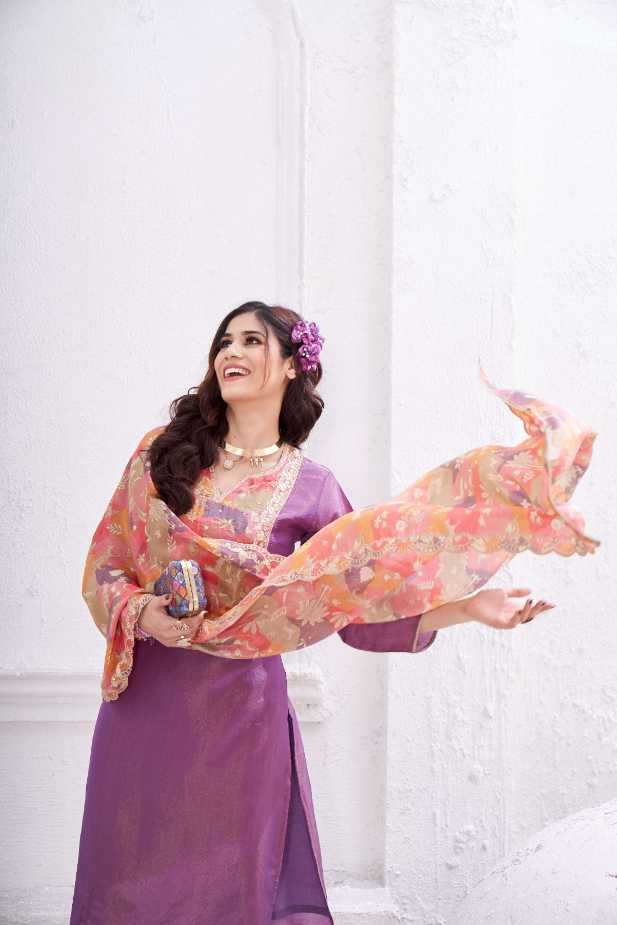 Pastel Purple Embellished Shimmer Tissue Silk Kurta Pant Set