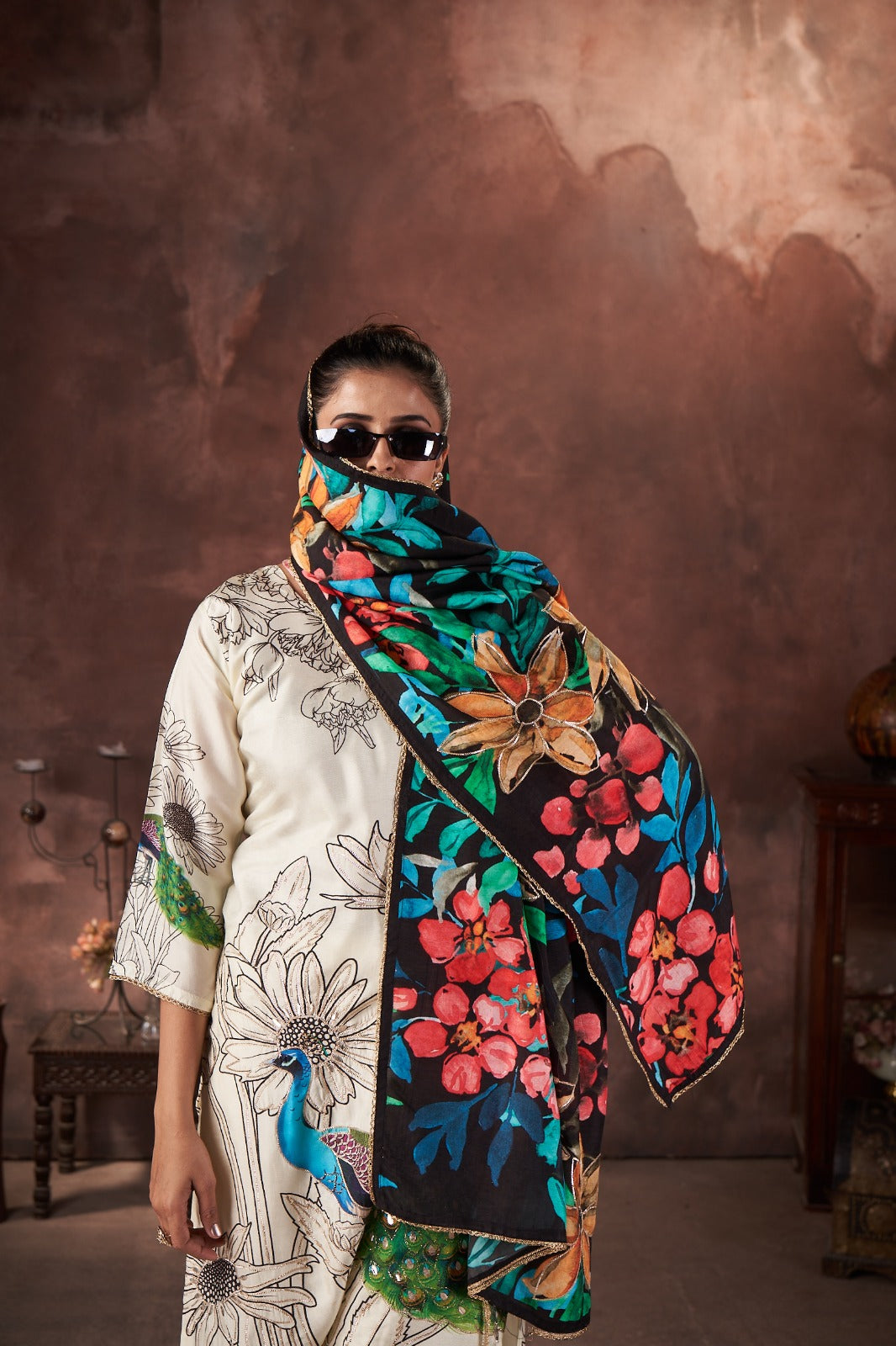 Cream Floral Printed Muslin Silk Kurta Pant Set