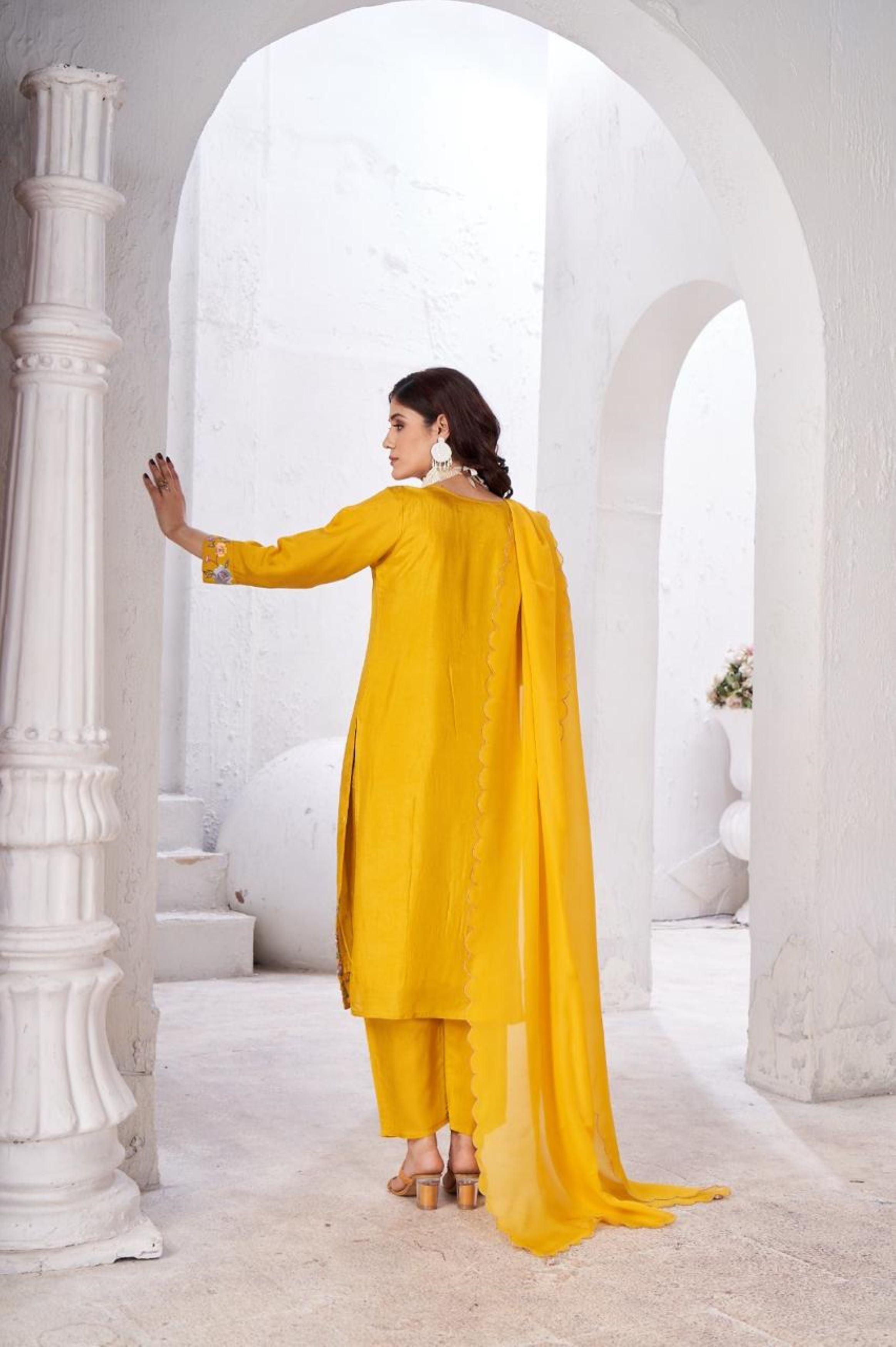 Bright Yellow Embellished Glass Tissue Organza Kurta Pant Set
