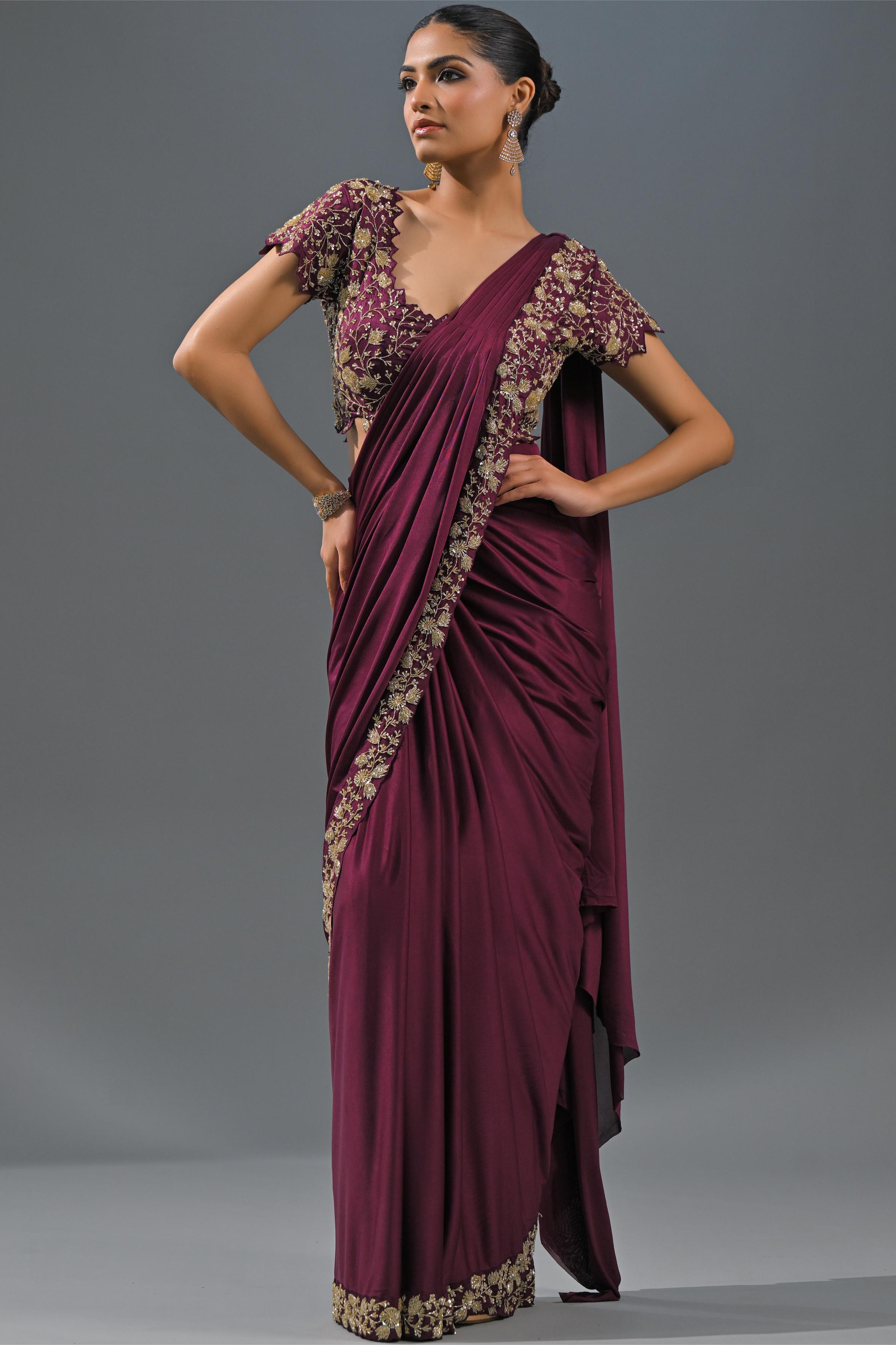 Wine Embellished Pleated Saree