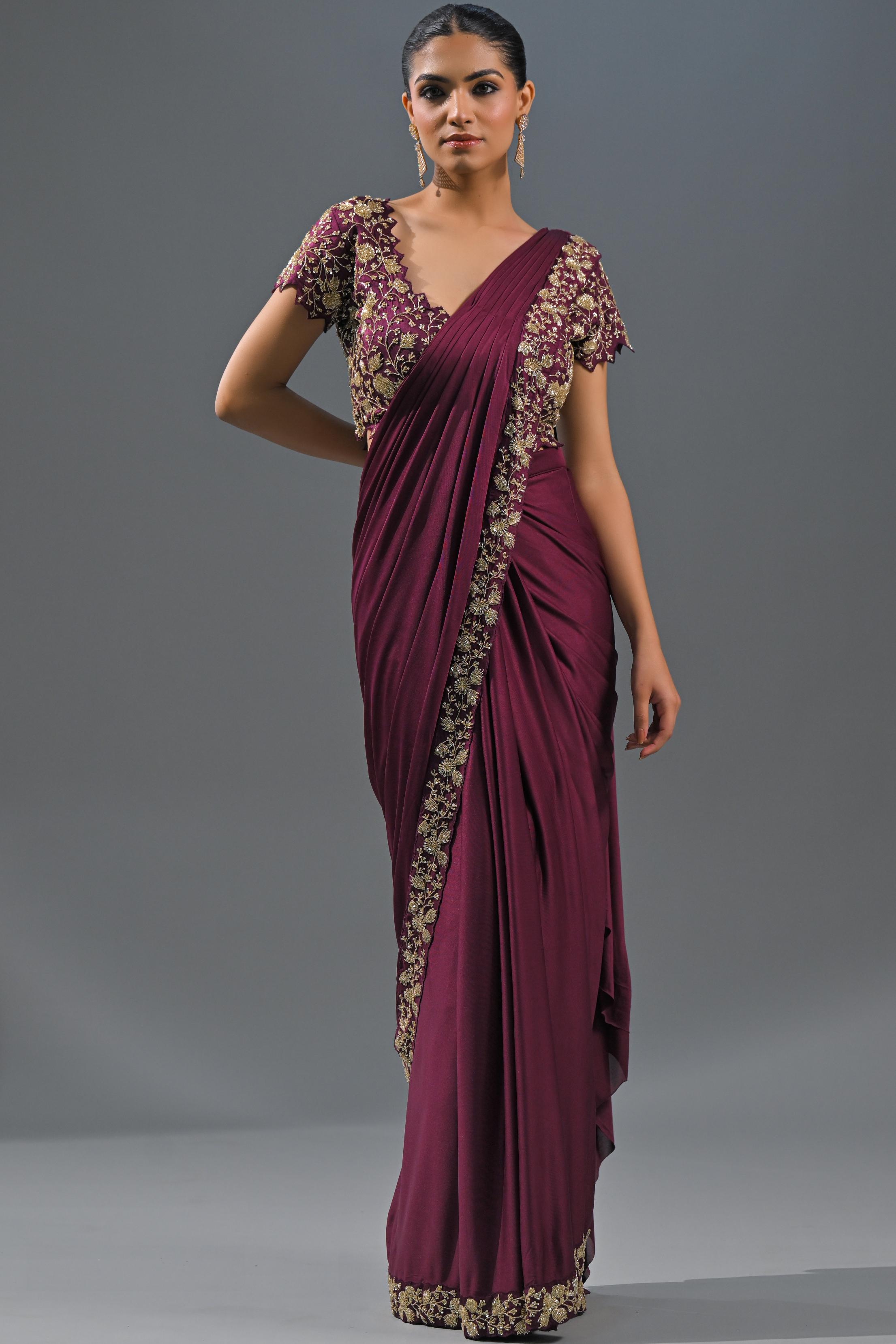 Wine Embellished Pleated Saree