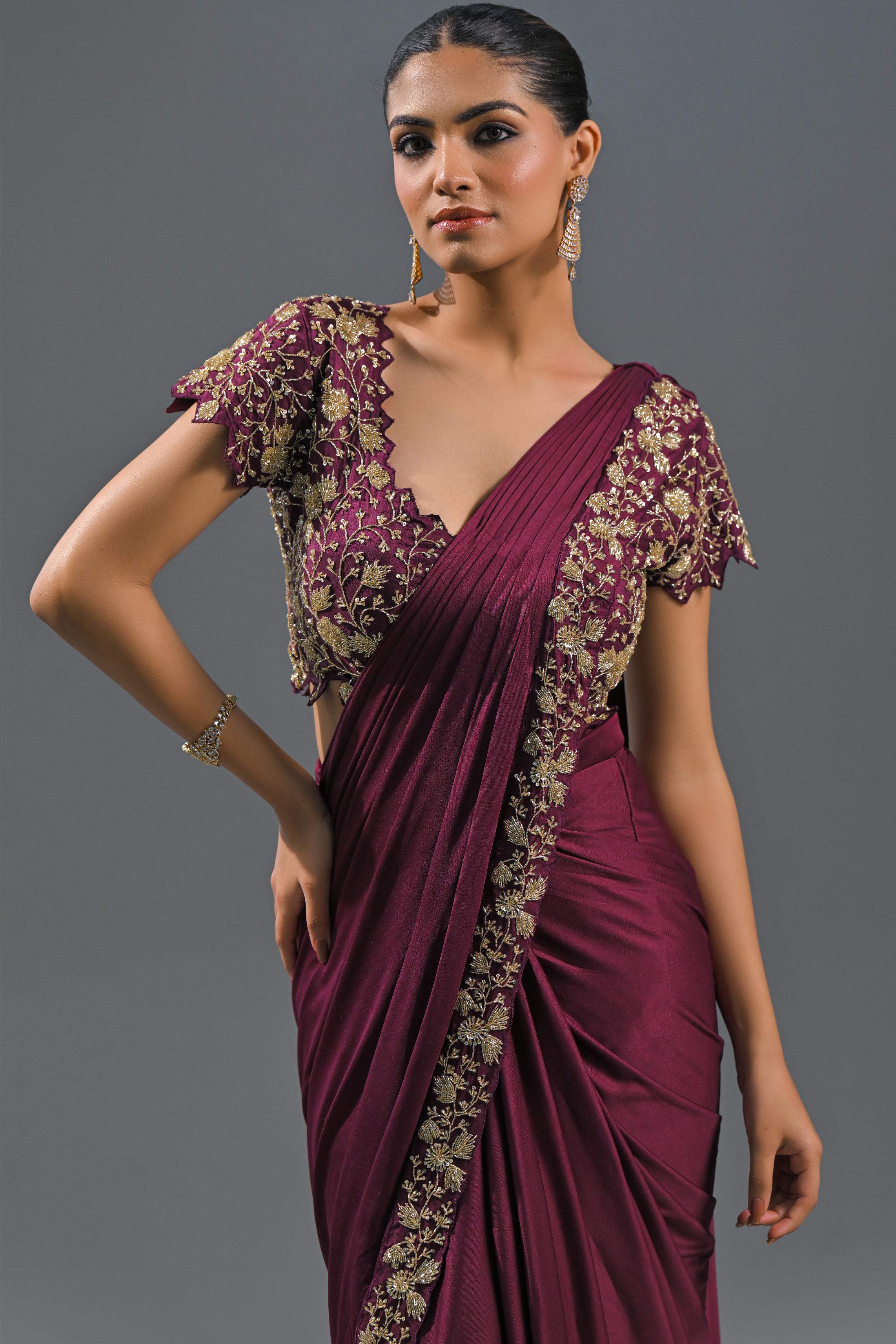 Wine Embellished Pleated Saree