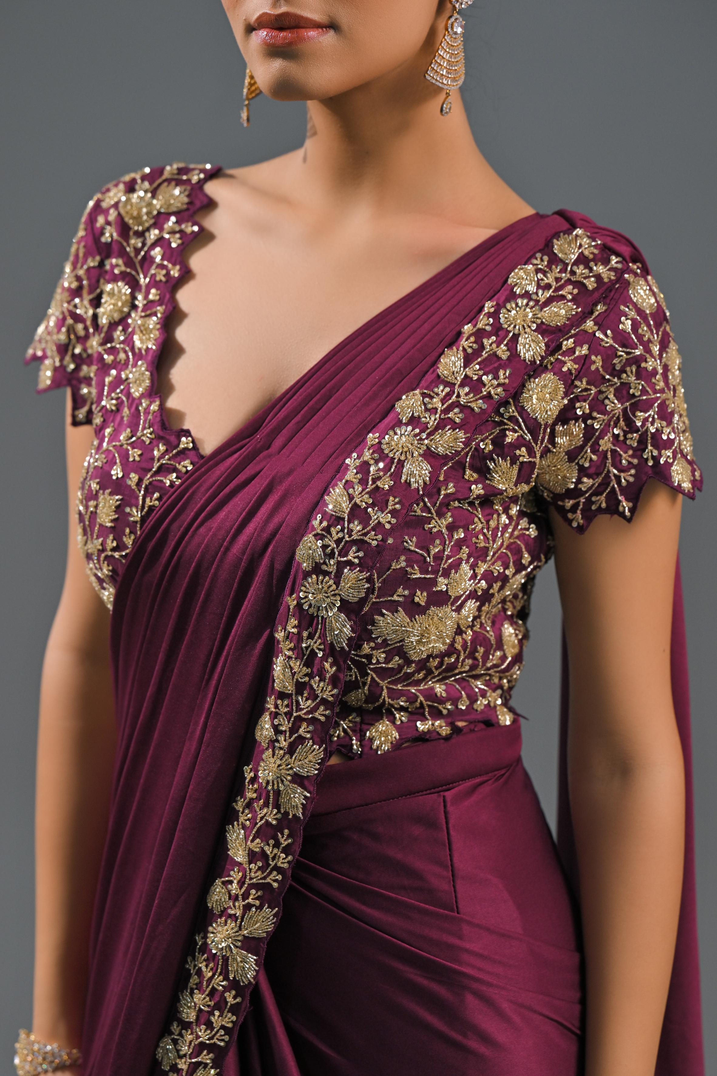 Wine Embellished Pleated Saree