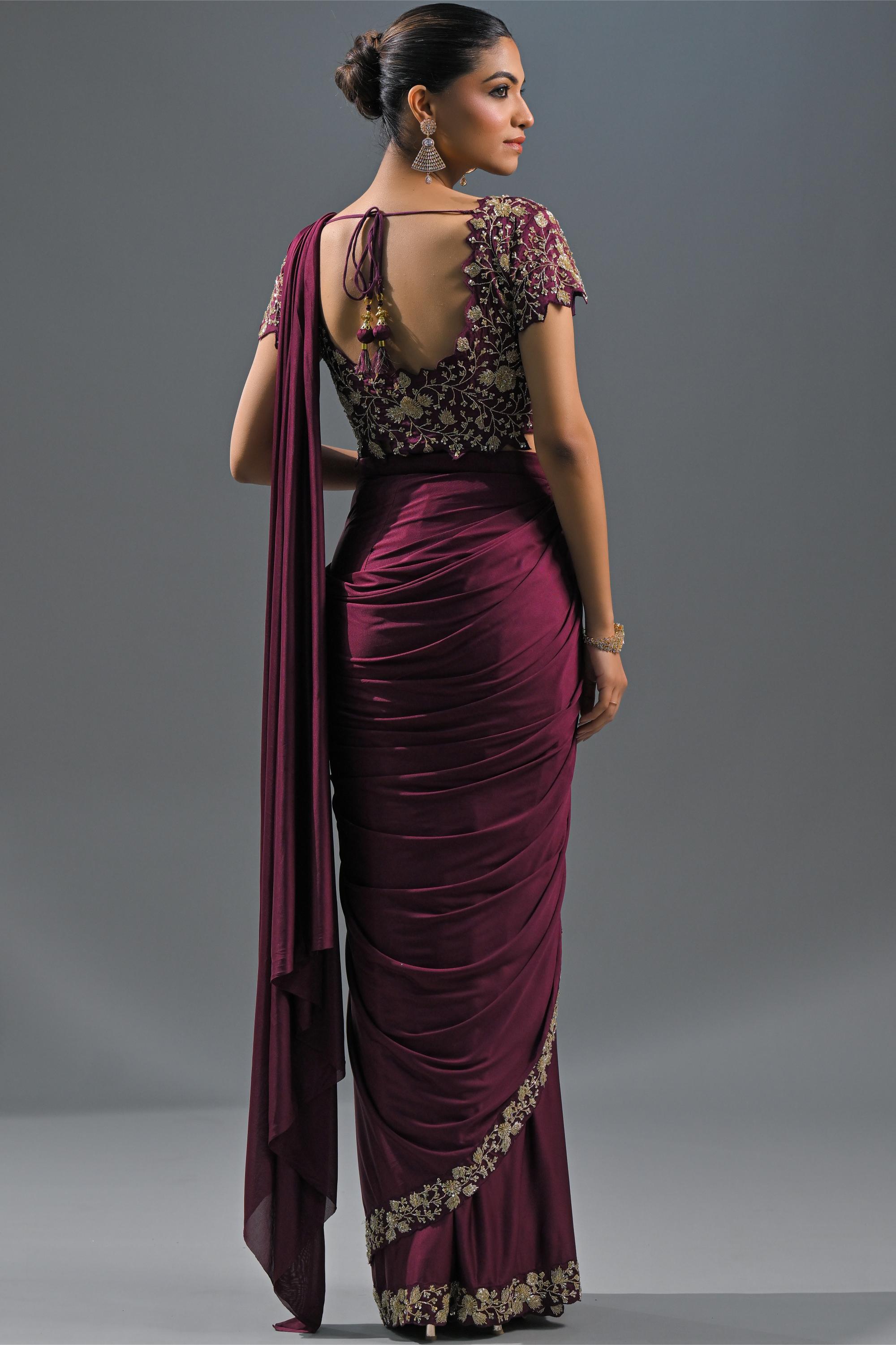 Wine Embellished Pleated Saree
