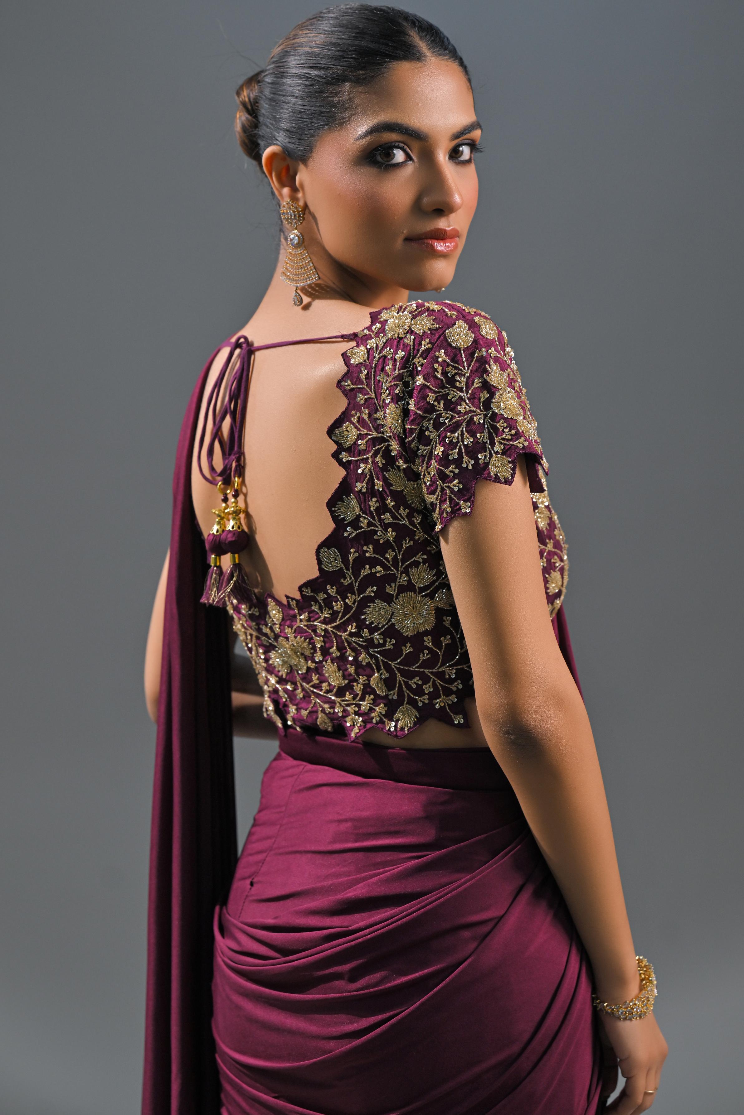 Wine Embellished Pleated Saree