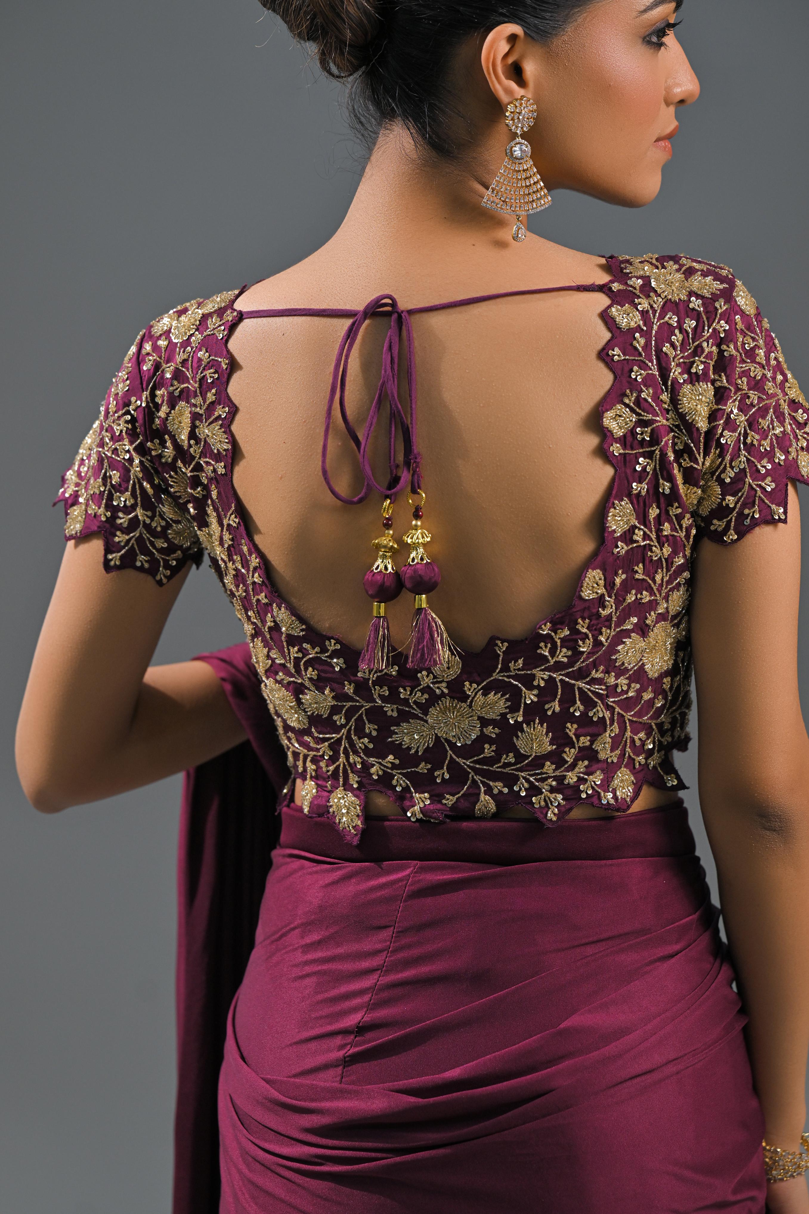 Wine Embellished Pleated Saree