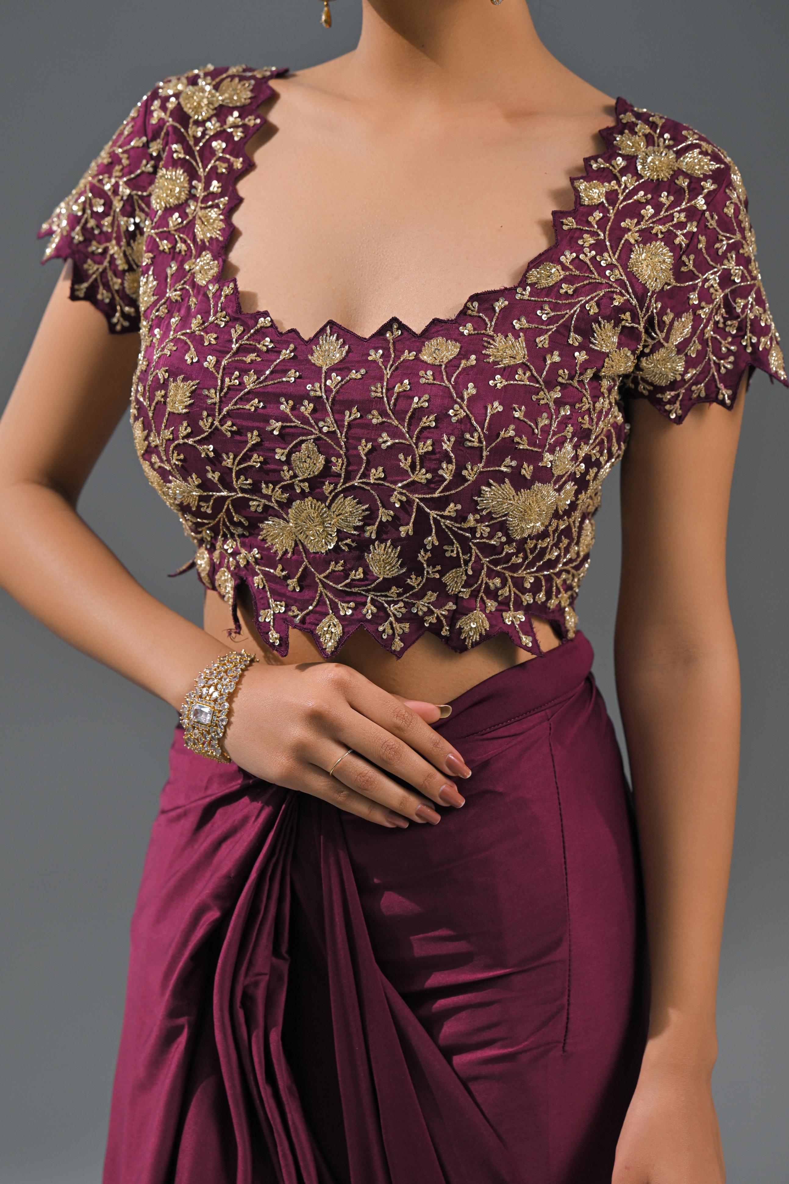Wine Embellished Pleated Saree