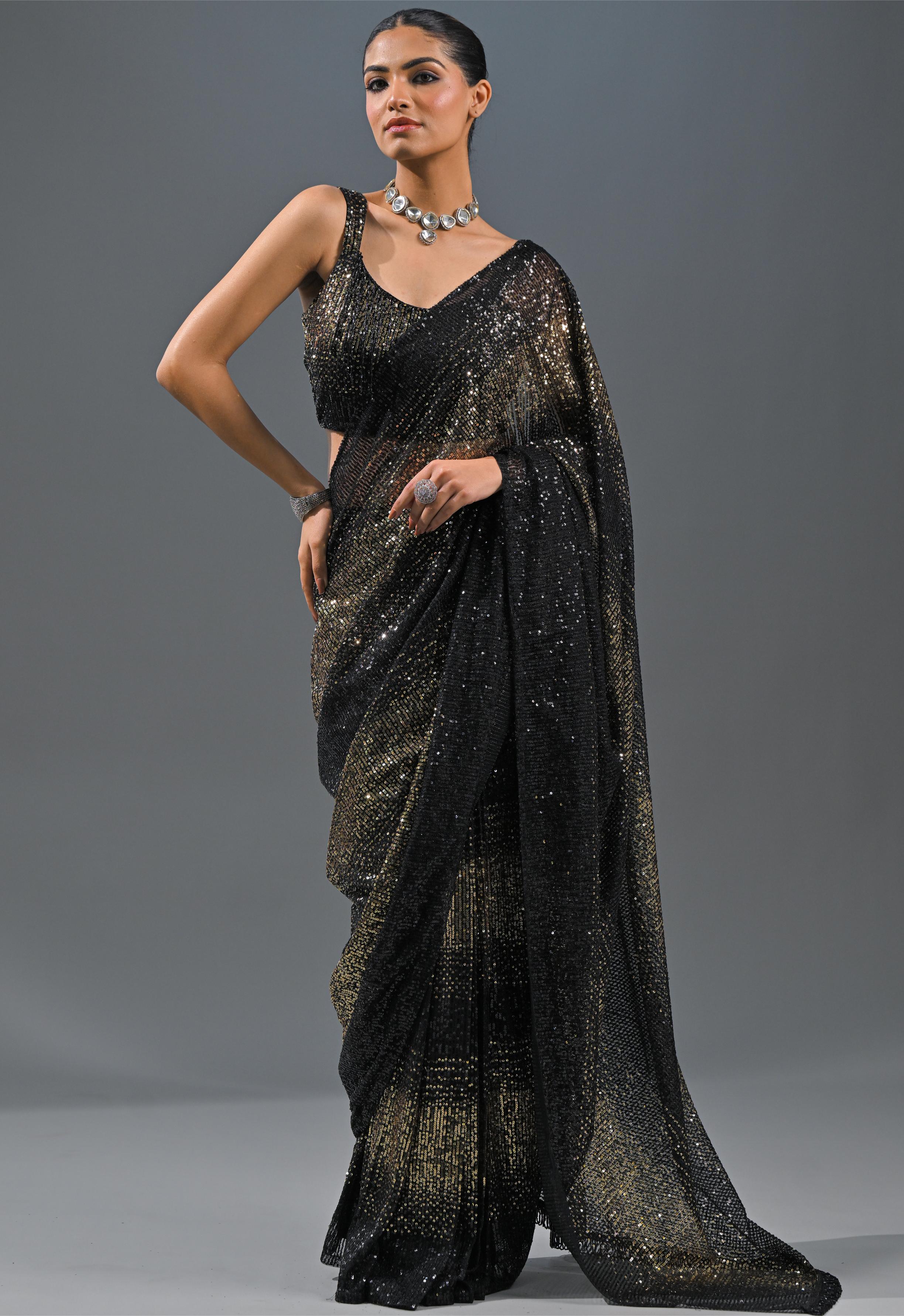 Black Sequin Embellished Net Saree