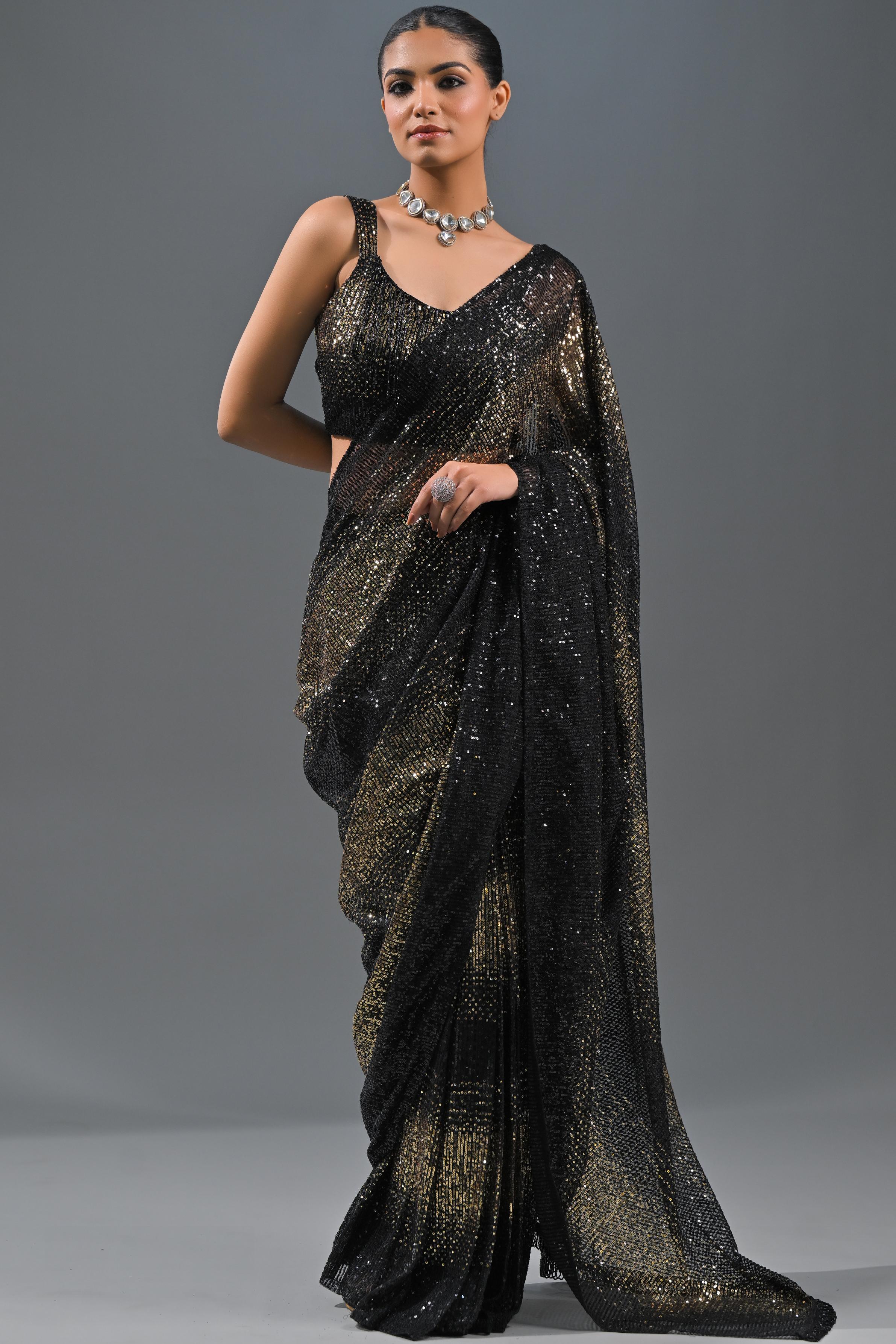 Black Sequin Embellished Net Saree