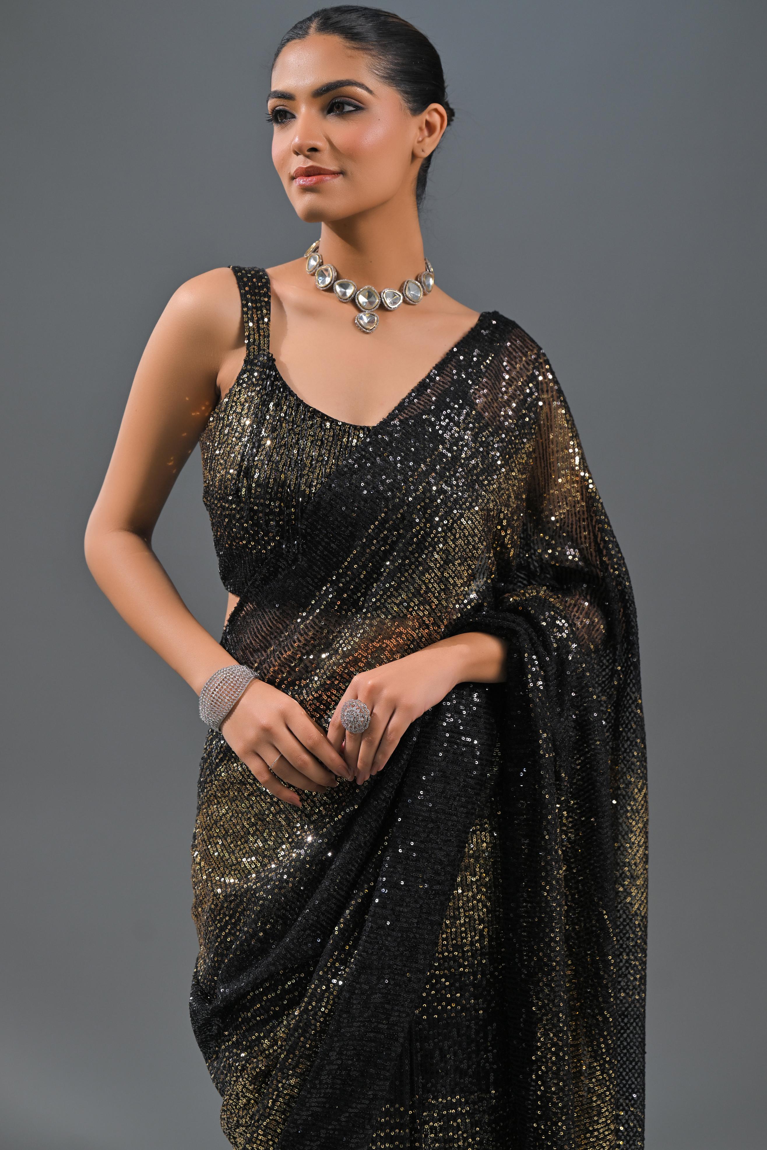 Black Sequin Embellished Net Saree