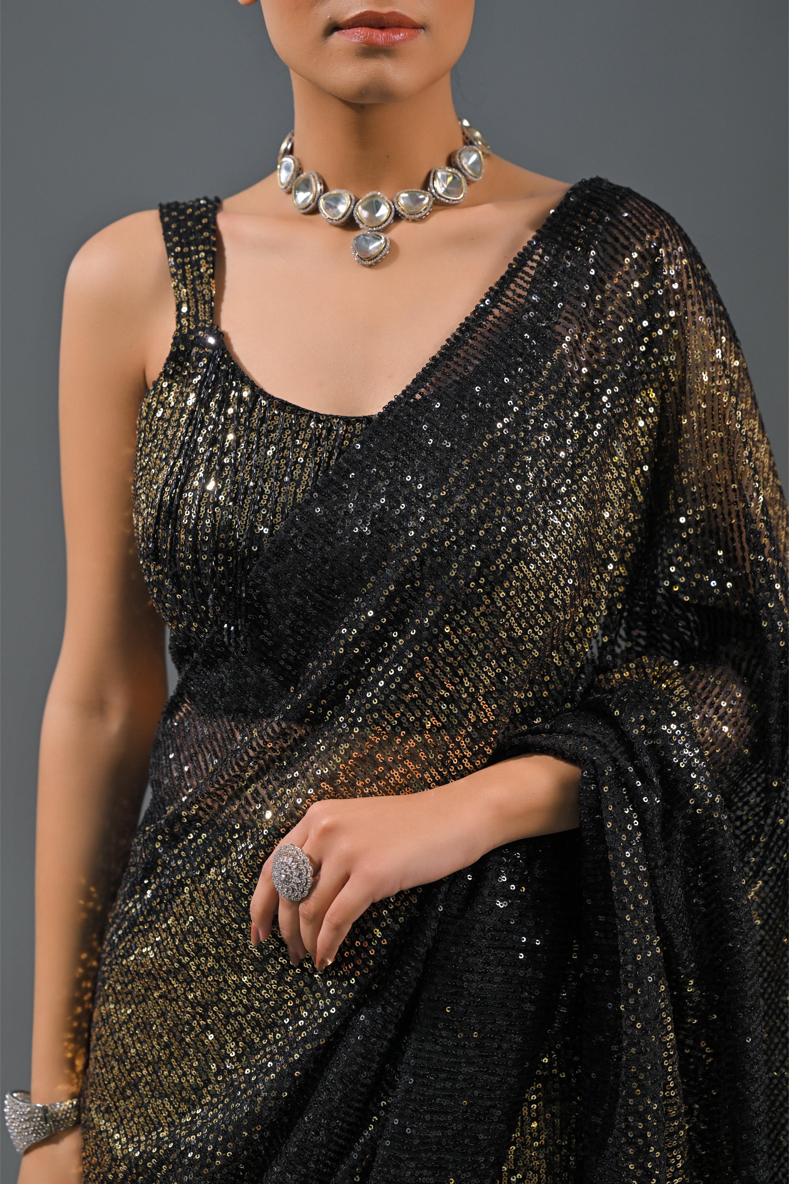 Black Sequin Embellished Net Saree
