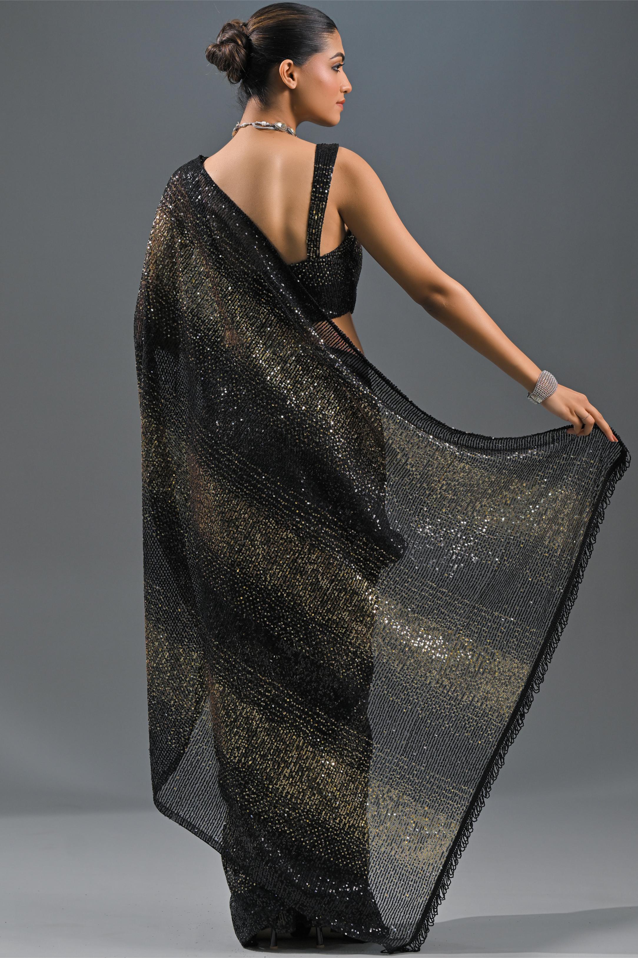Black Sequin Embellished Net Saree