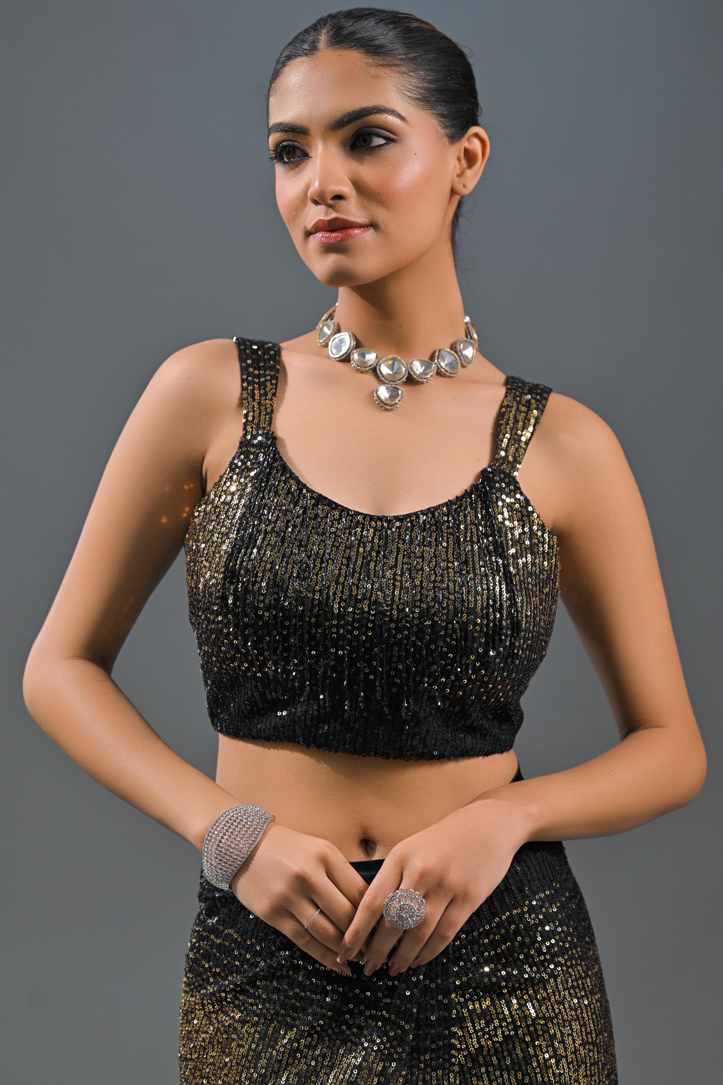 Black Sequin Embellished Net Saree