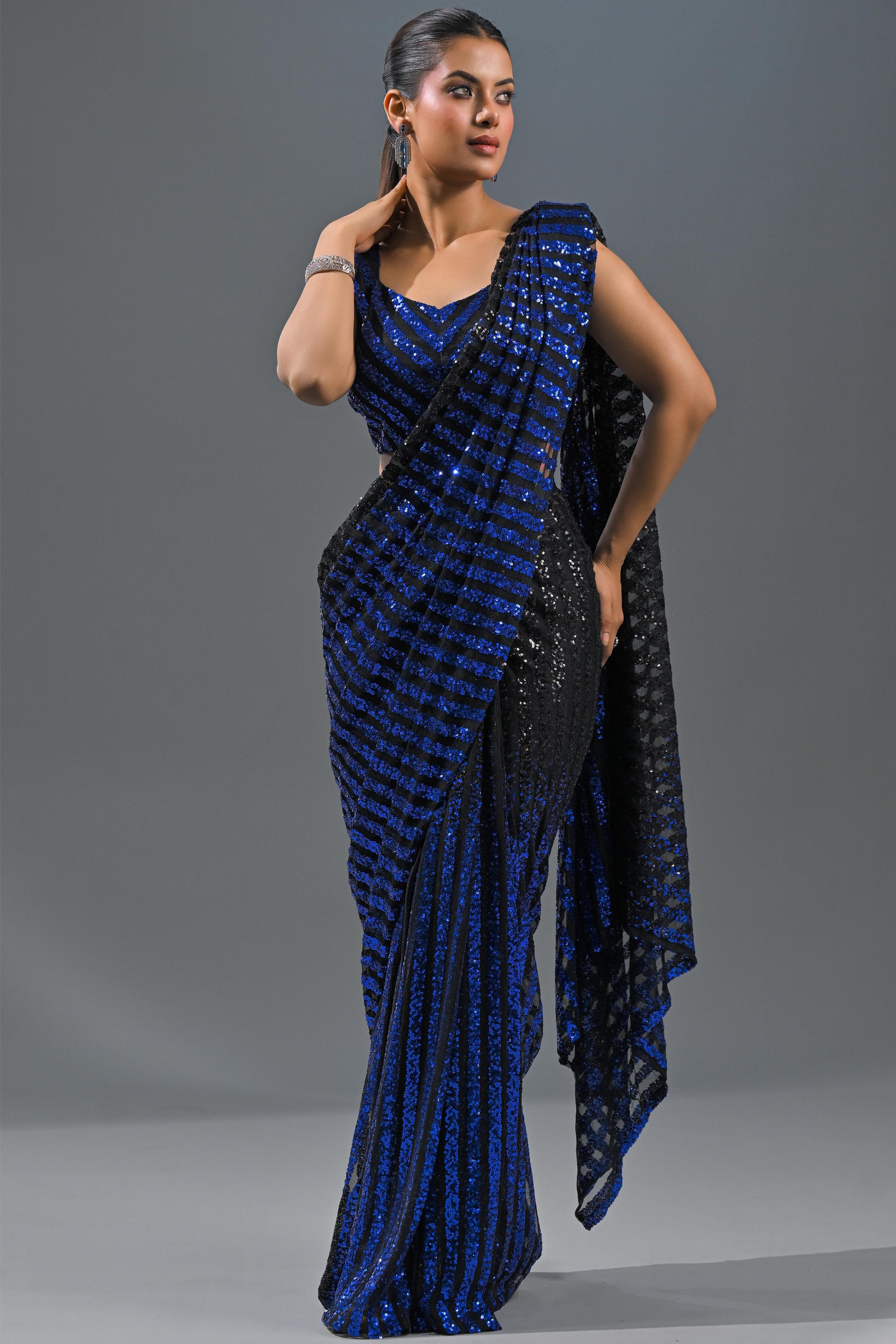 Blue Sequin Ombre-Dyed Net Saree