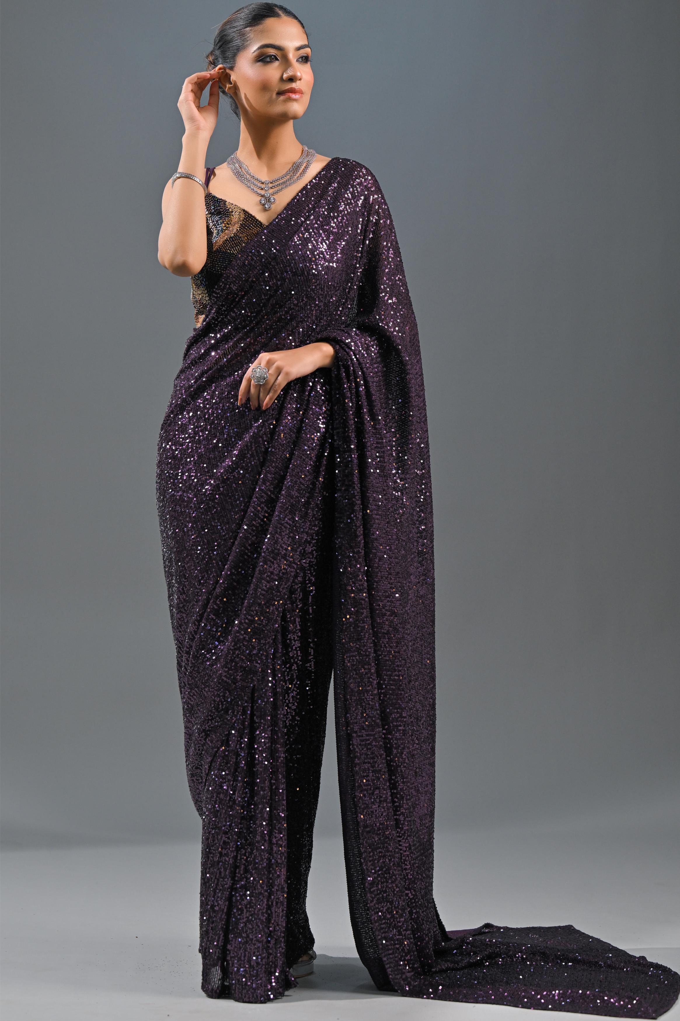 Wine Sequin Embellished Net Saree