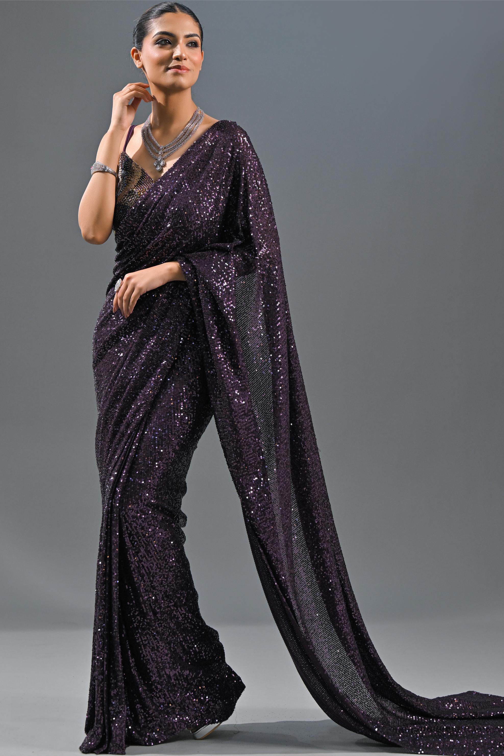 Wine Sequin Embellished Net Saree