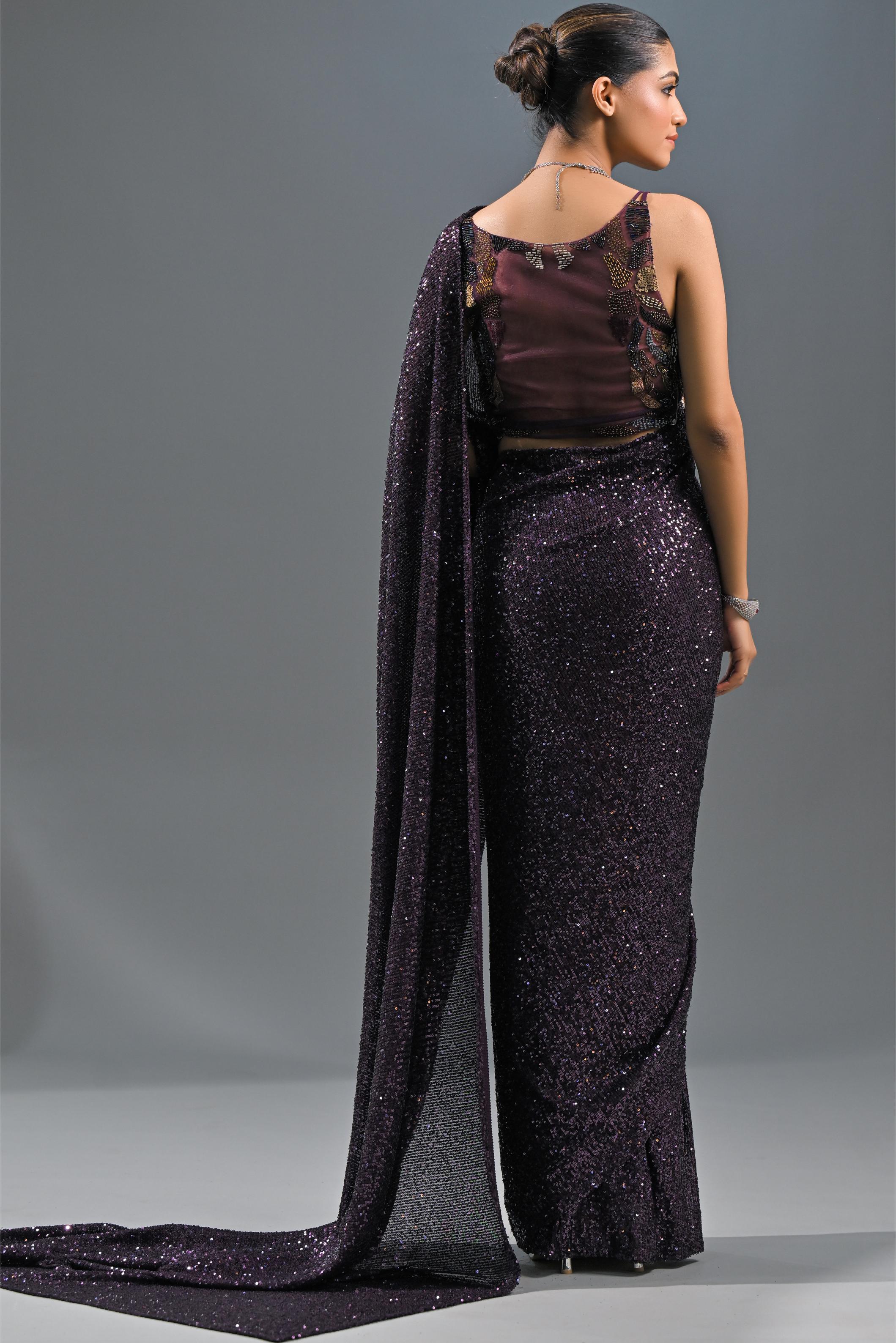 Wine Sequin Embellished Net Saree