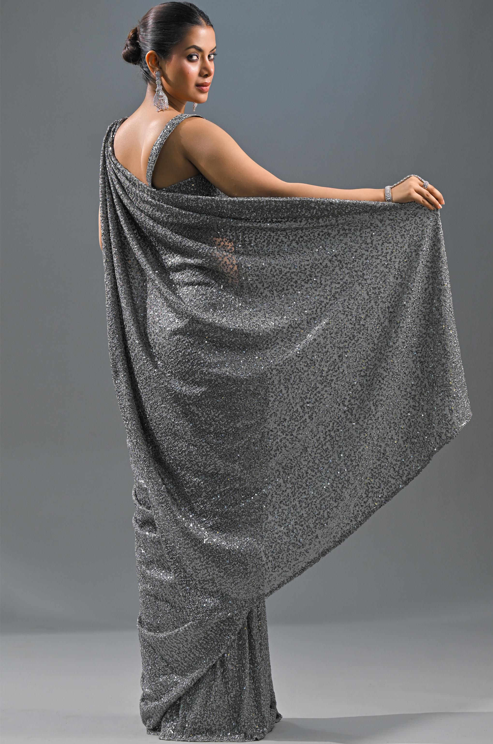 Silver Sequin Embellished Net Saree