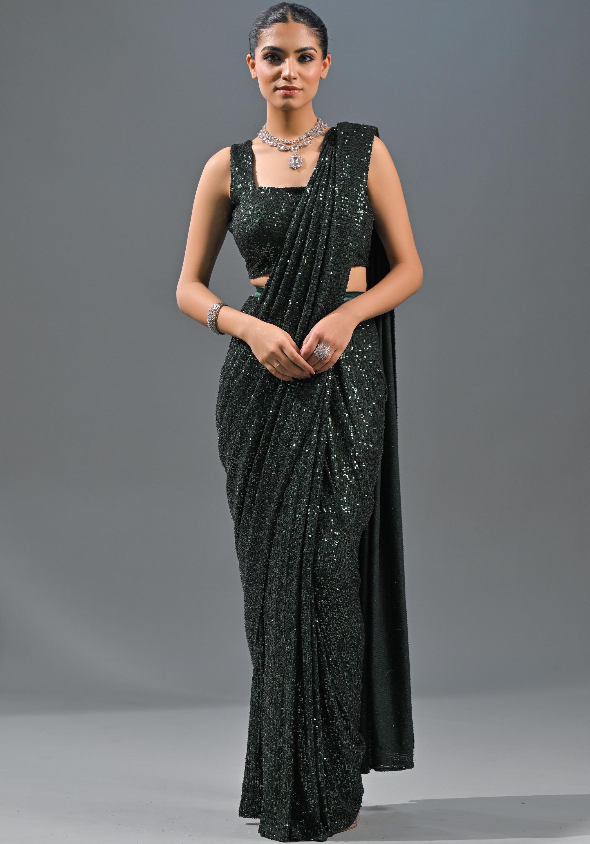 Green Sequin Embellished Net Saree